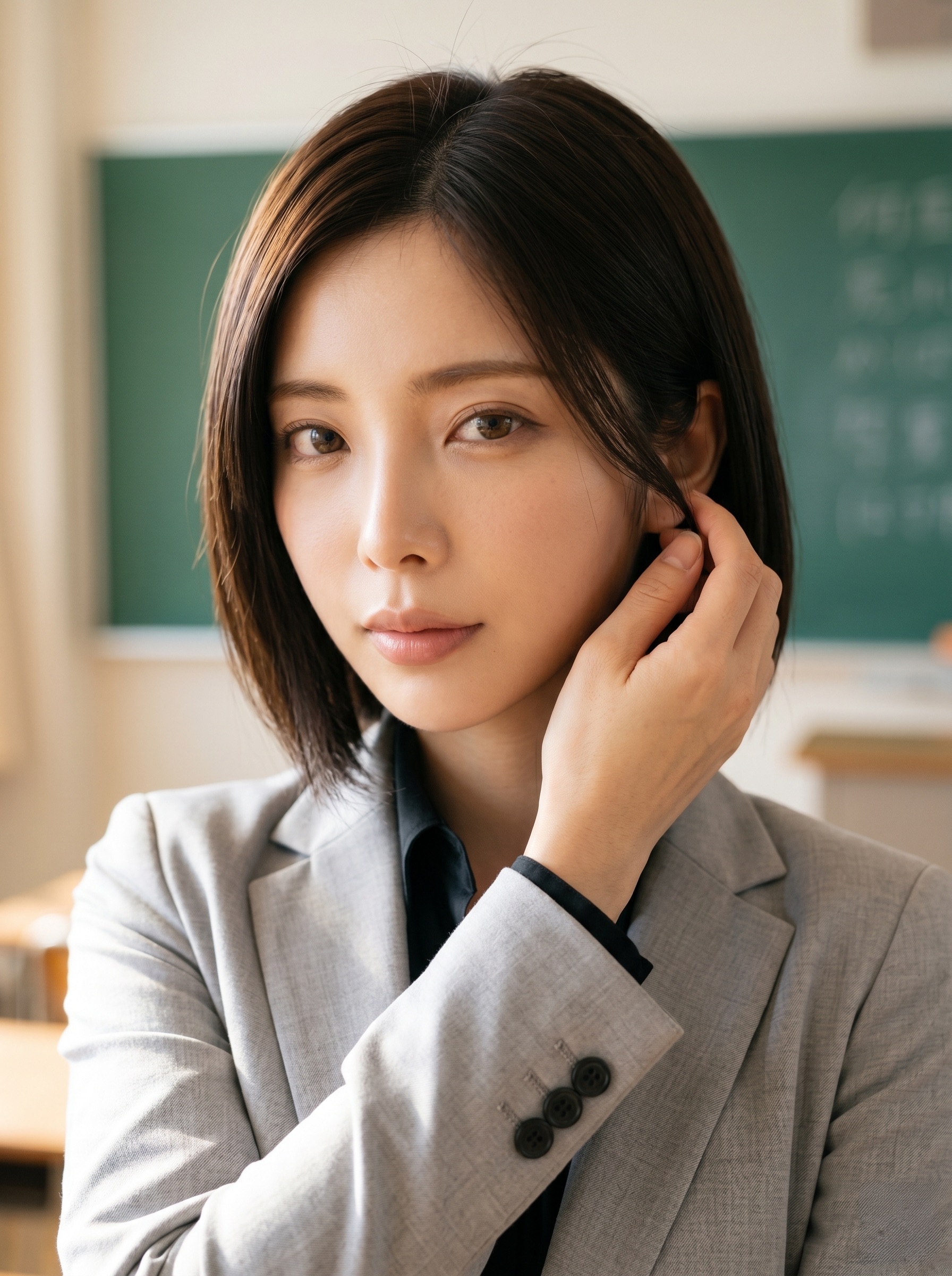 教室の黒板を背景に、グレーのスーツを着て髪に手を添える女性