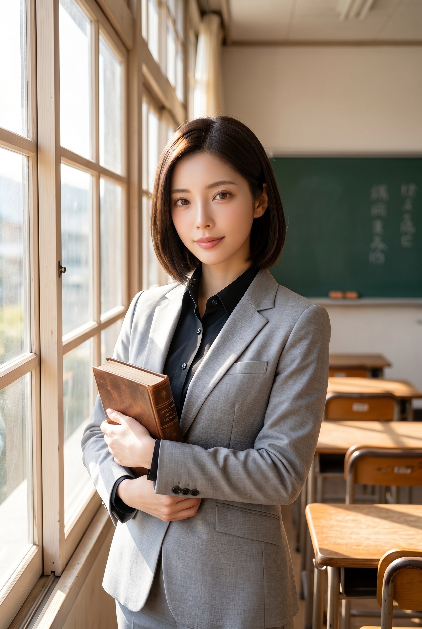 教室の窓際で本を抱えて微笑む、グレーのスーツ姿の女性