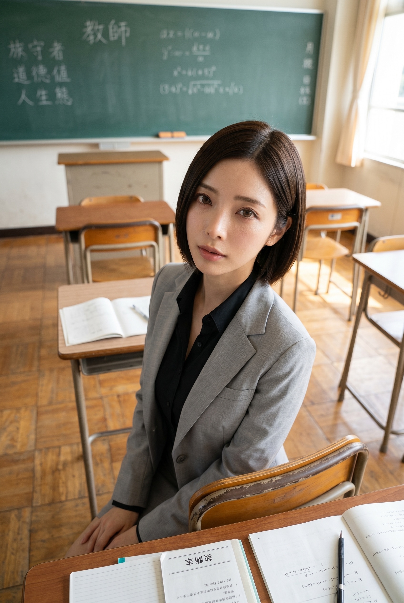 教室の席に座り、こちらを見つめるグレーのスーツを着た女性