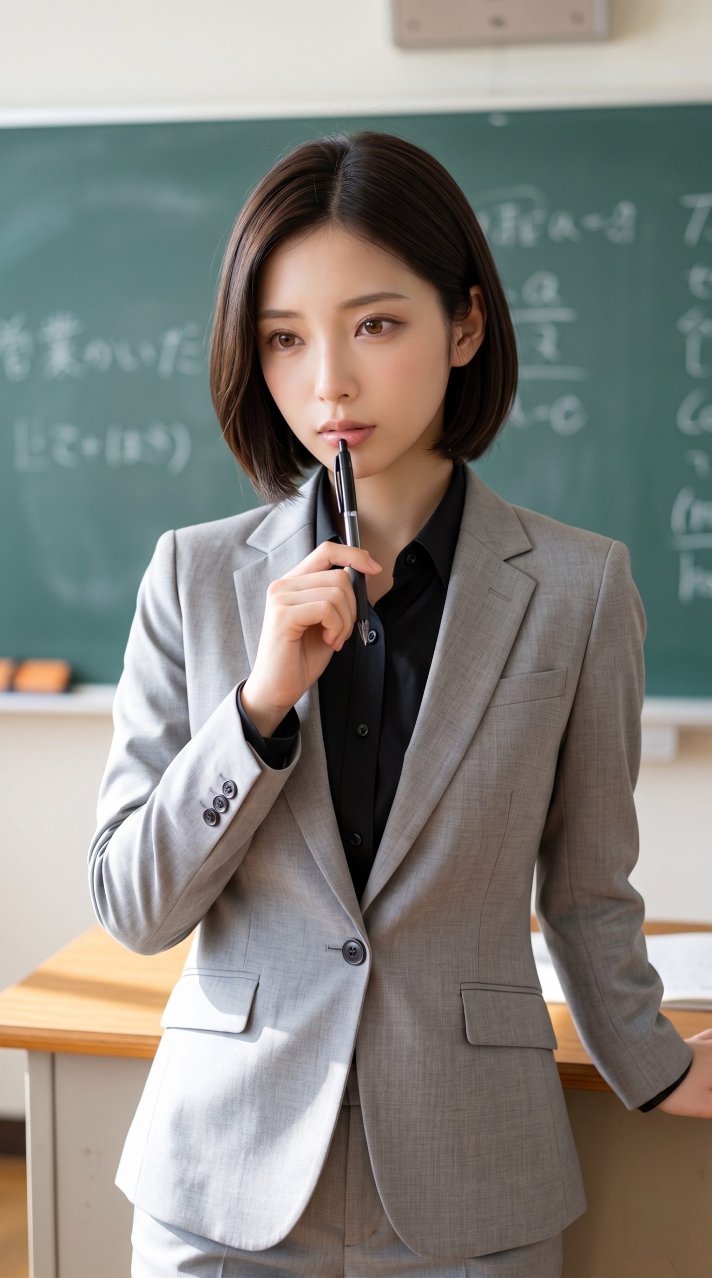 教室の黒板の前で、ペンを口元に当てて思案するスーツ姿の女性