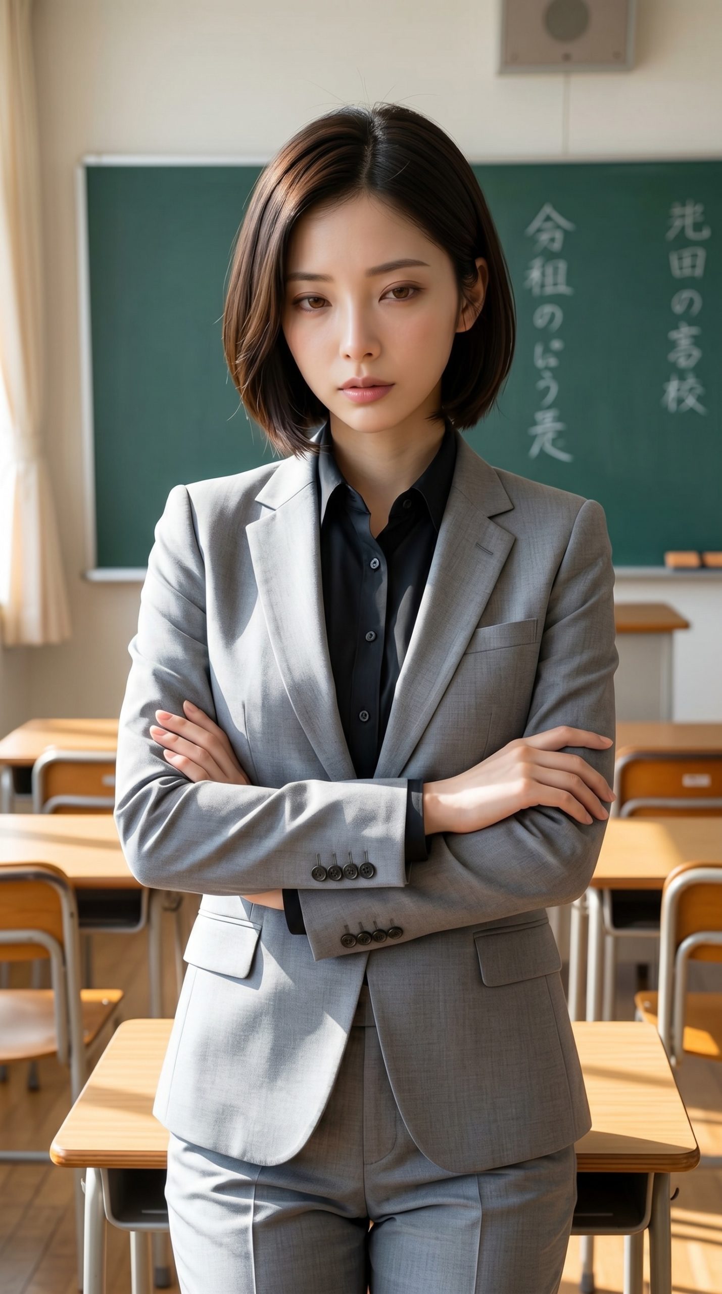 教室で腕を組み、真剣な表情で立つグレーのスーツ姿の女性