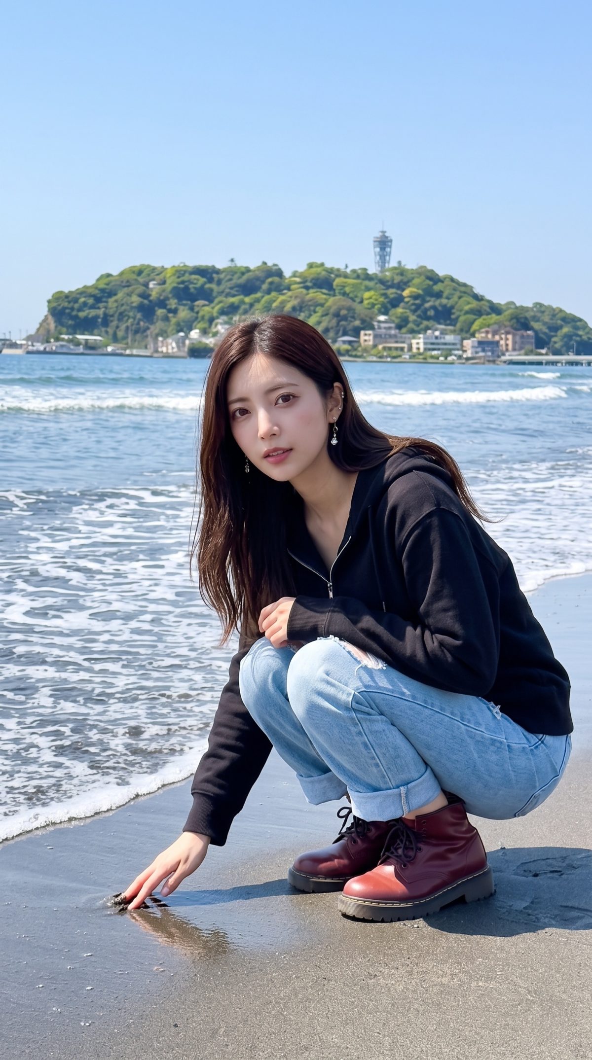 江の島をバックに砂浜でしゃがみ込み、波打ち際に手を伸ばす女性