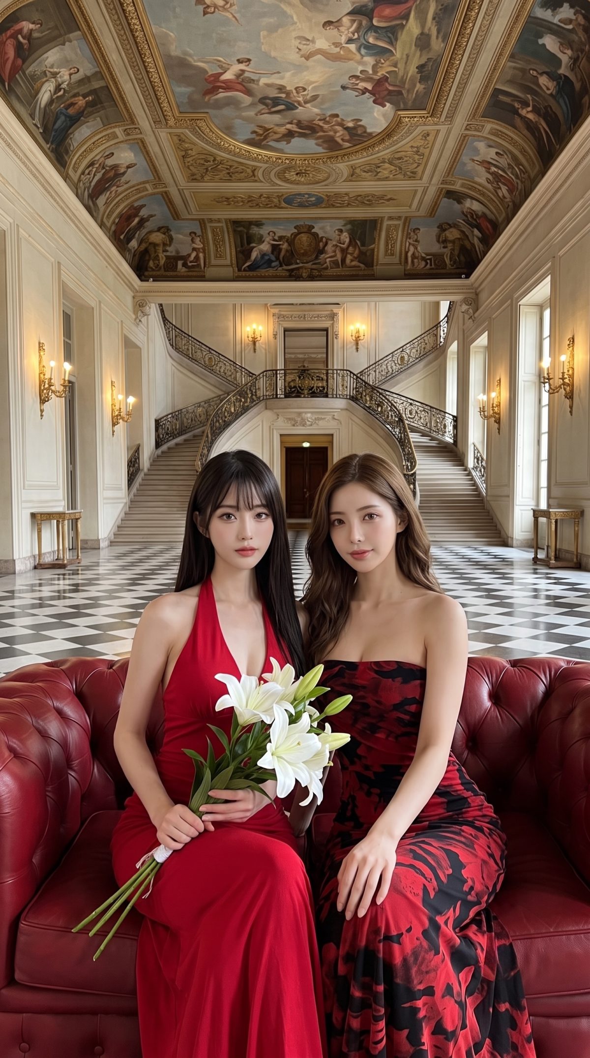豪華な洋館のソファに座る、赤いドレスを着た2人の女性と白いユリの花束