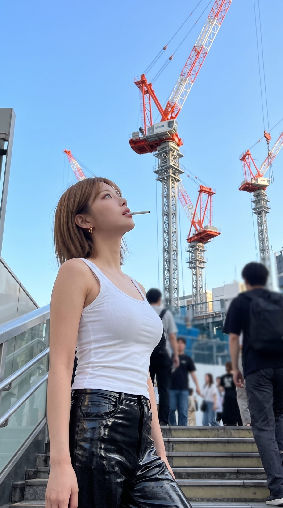 クレーンを背景に、タバコを咥えて空を見上げるタンクトップ姿の女性