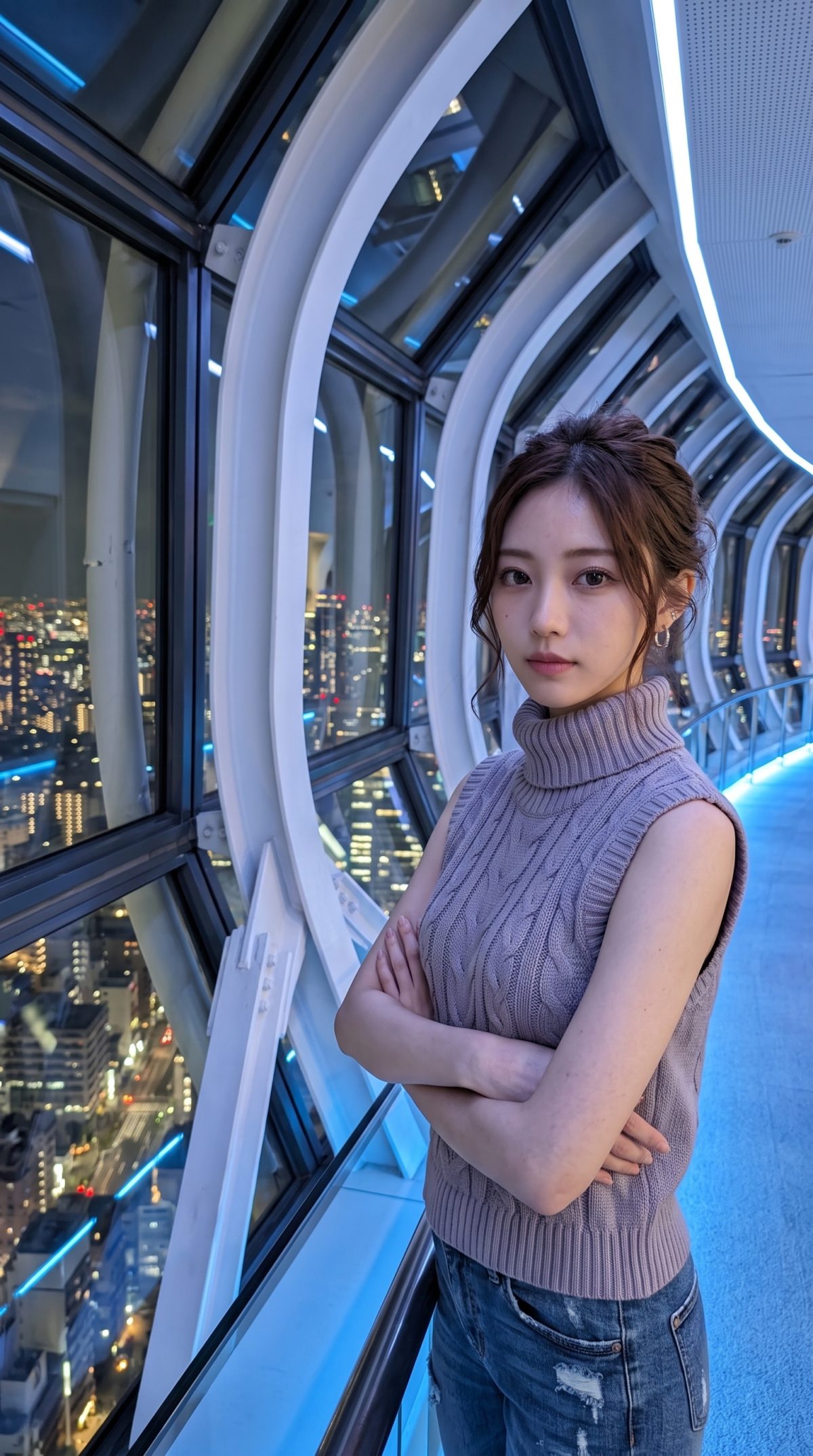 夜景が広がる展望通路で、腕を組んで佇むノースリーブニット姿の女性