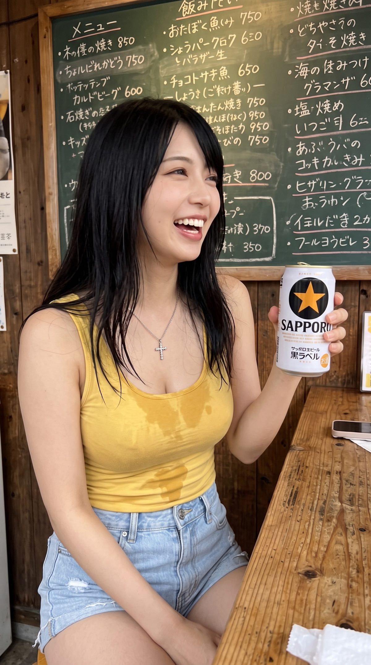 ビール缶を手に持ち、居酒屋で笑顔を見せるタンクトップ姿の女性