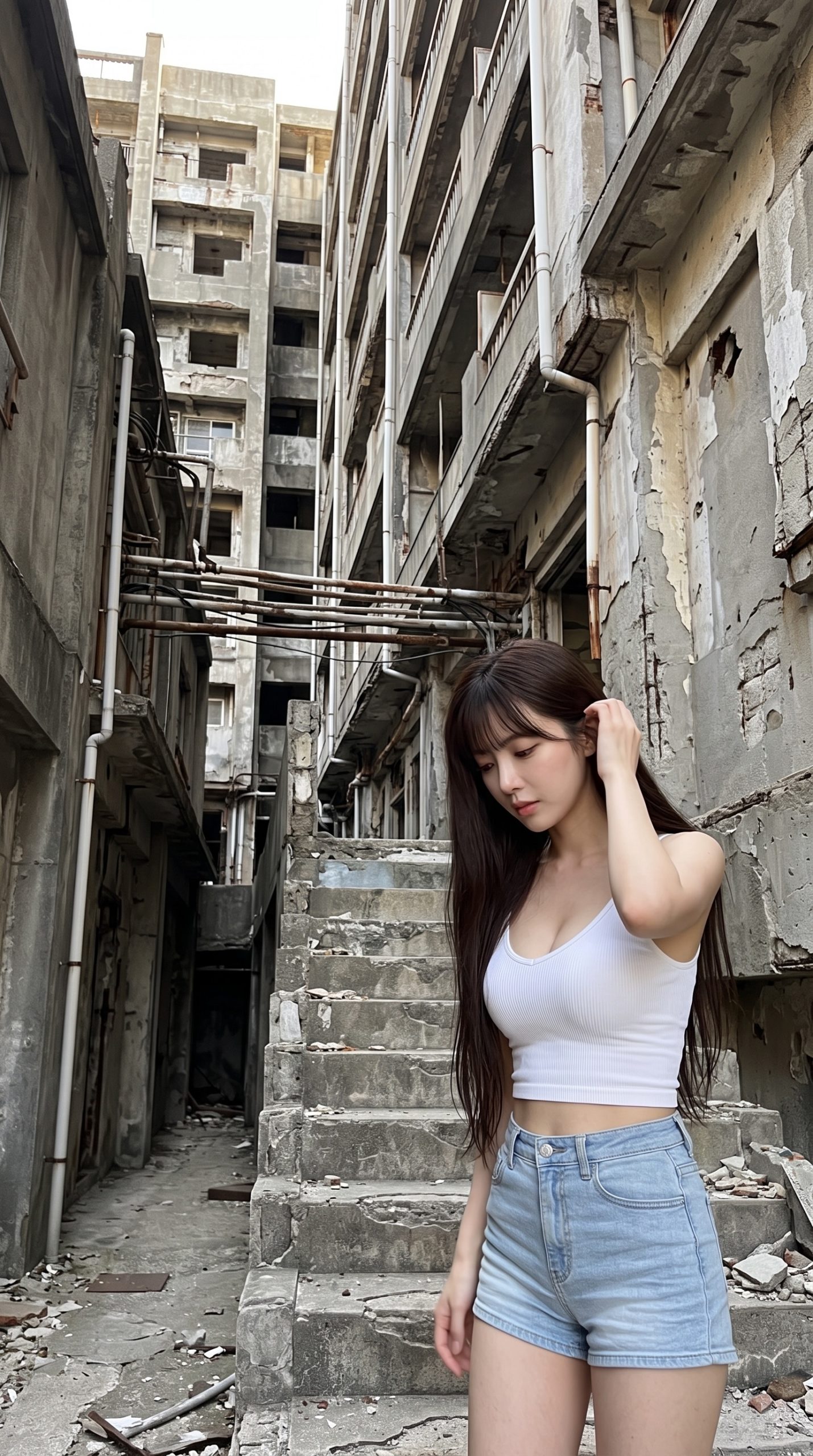 廃墟のビル群と古びた階段を背景に立つ、白いタンクトップとデニム姿の女性