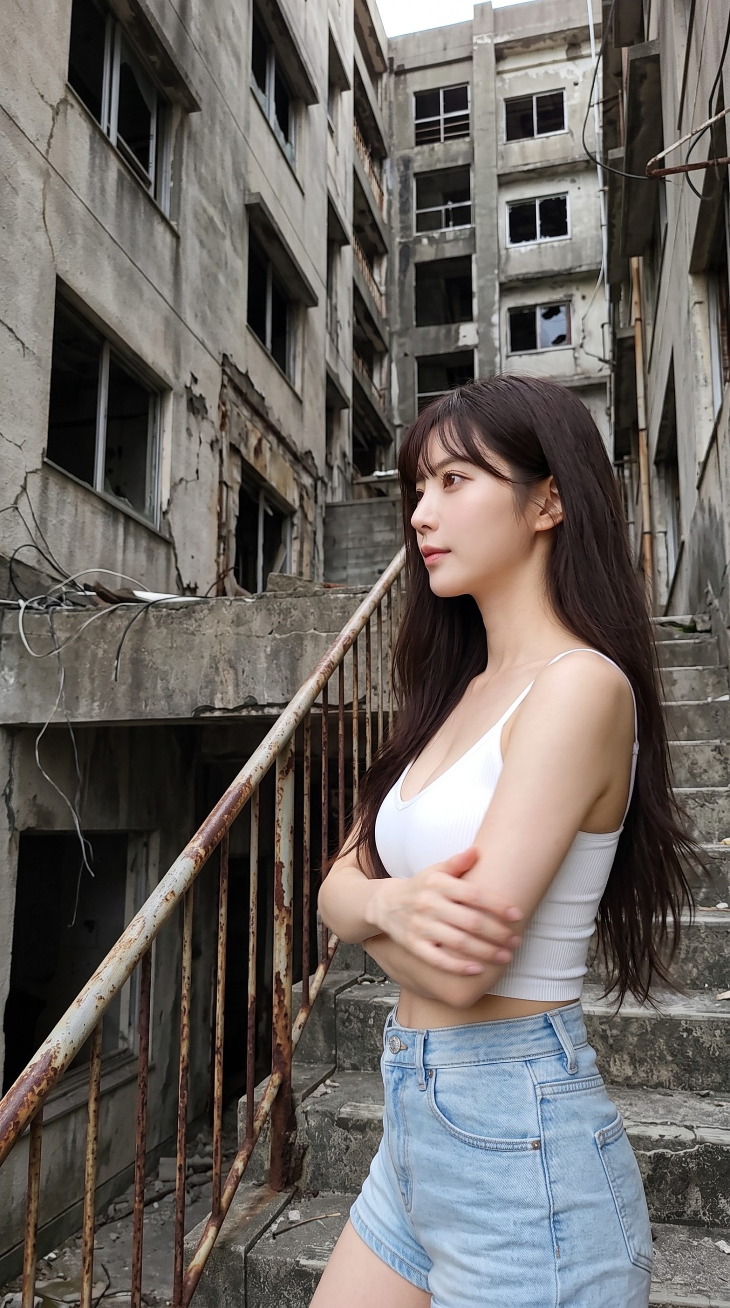 廃墟ビルを背景に、白いキャミソールを着て腕を組むロングヘアの女性