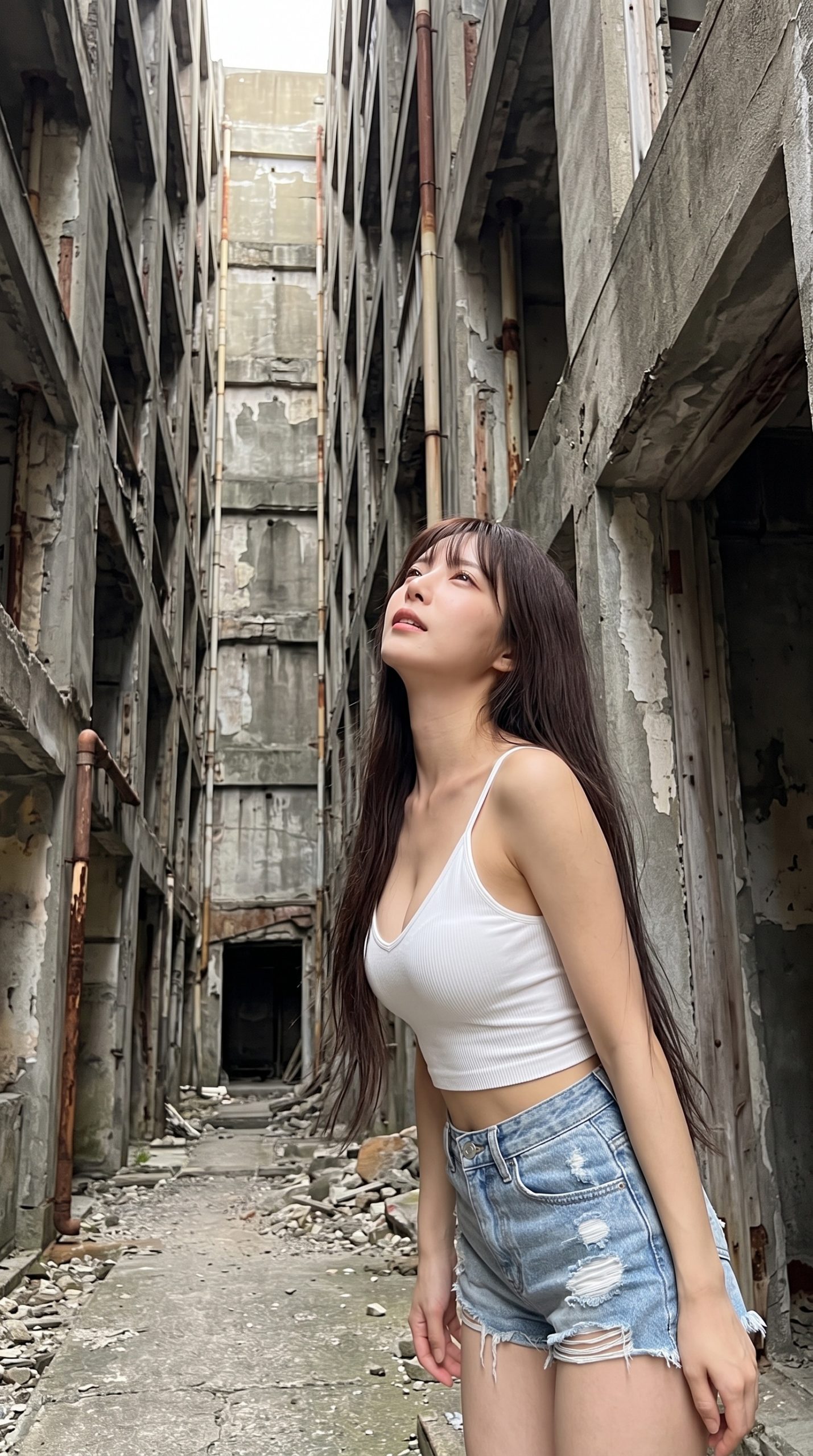 廃墟となったコンクリートビルの間で上を見上げる、白いキャミソール姿の女性。