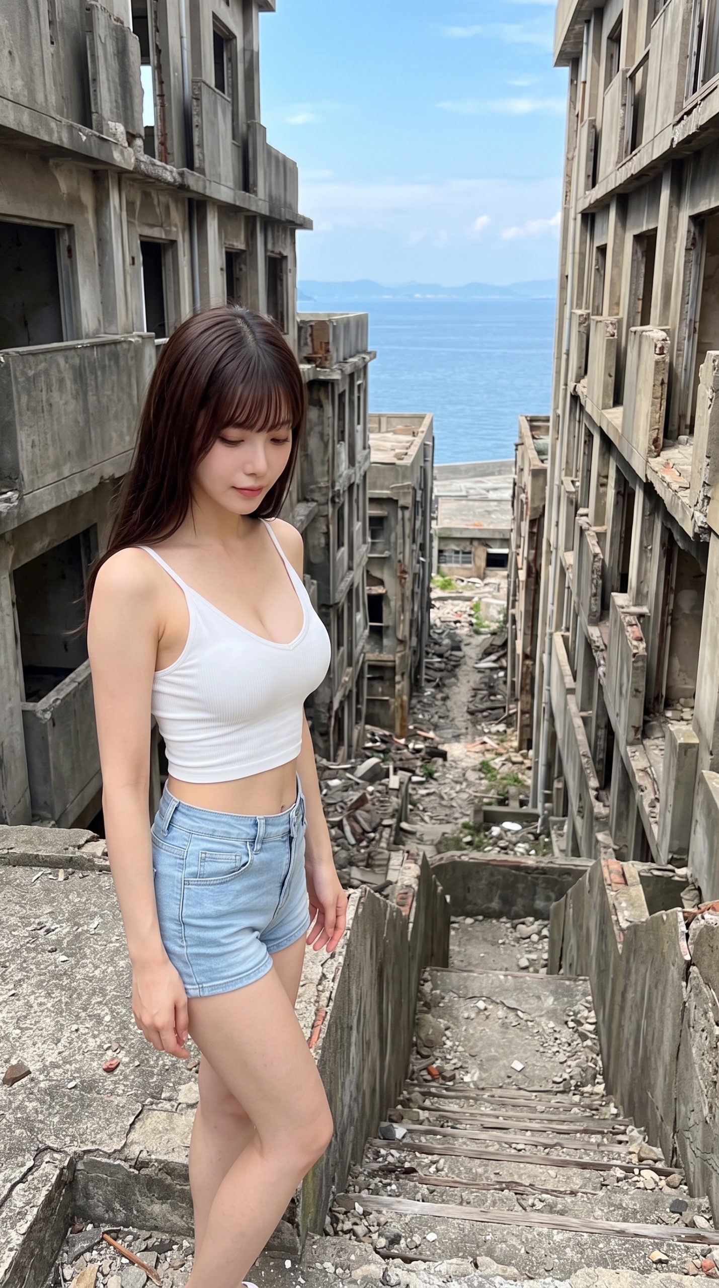 廃墟の建物に囲まれた階段に立つ、白いトップスとショートパンツ姿の女性