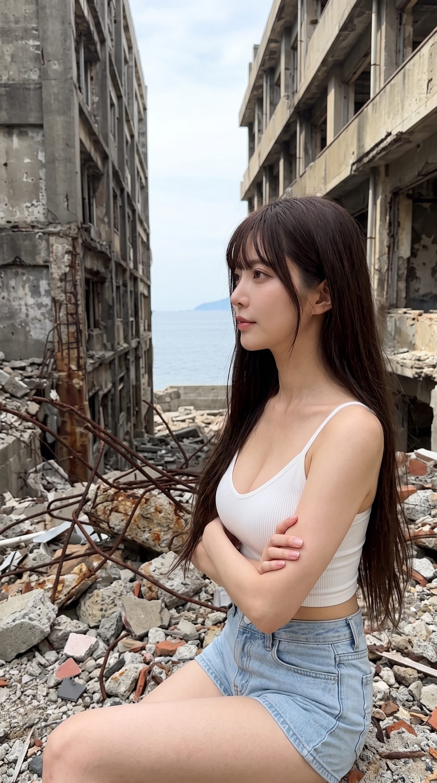 廃墟のビル群と瓦礫に囲まれ、遠くの海を見つめる白いキャミソール姿の女性