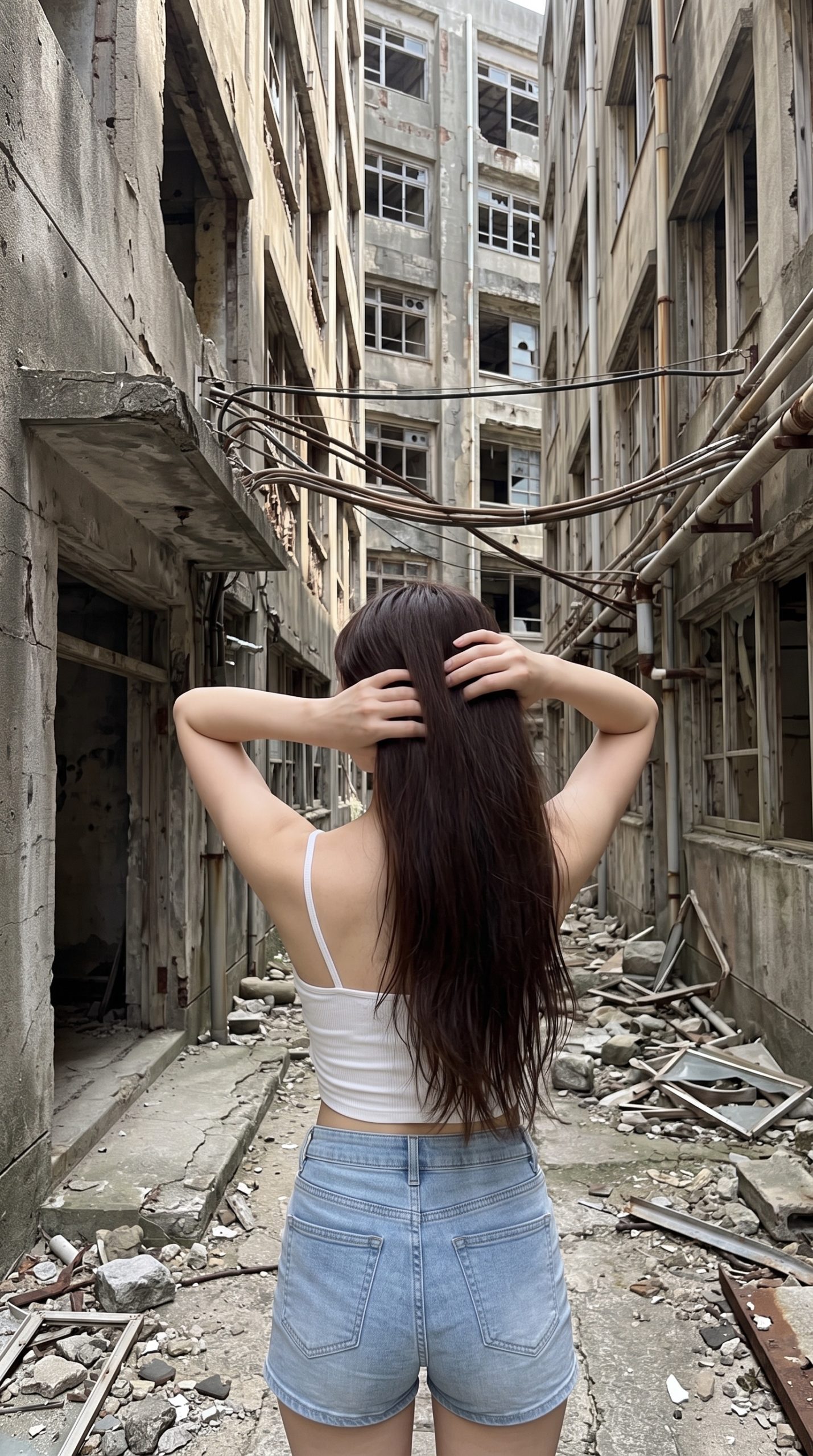 瓦礫が散乱する廃墟ビルの間で、髪をかき上げる女性の後ろ姿。