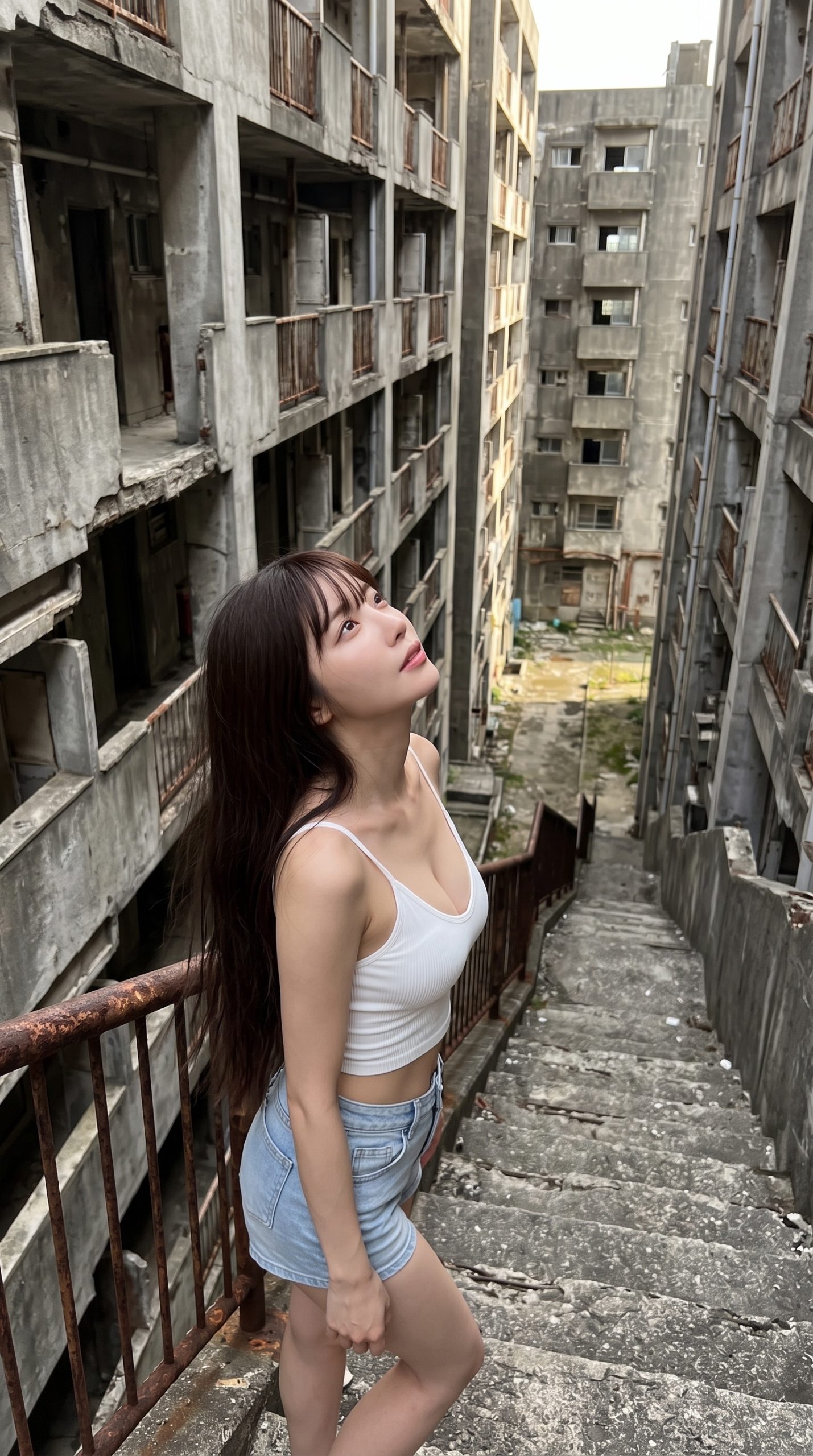 廃墟の集合住宅の階段に立ち、上を見上げるキャミソール姿の女性