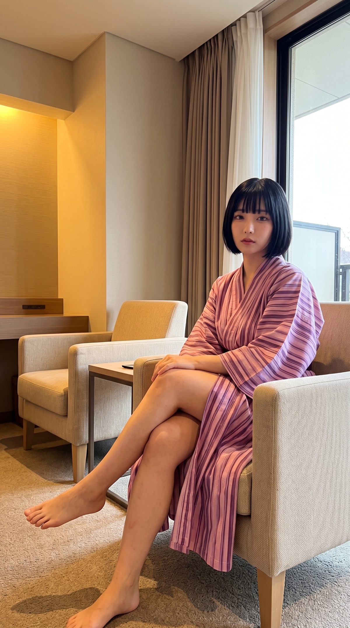紫の浴衣を着用し、ホテルの客室で椅子に腰掛ける黒髪の女性