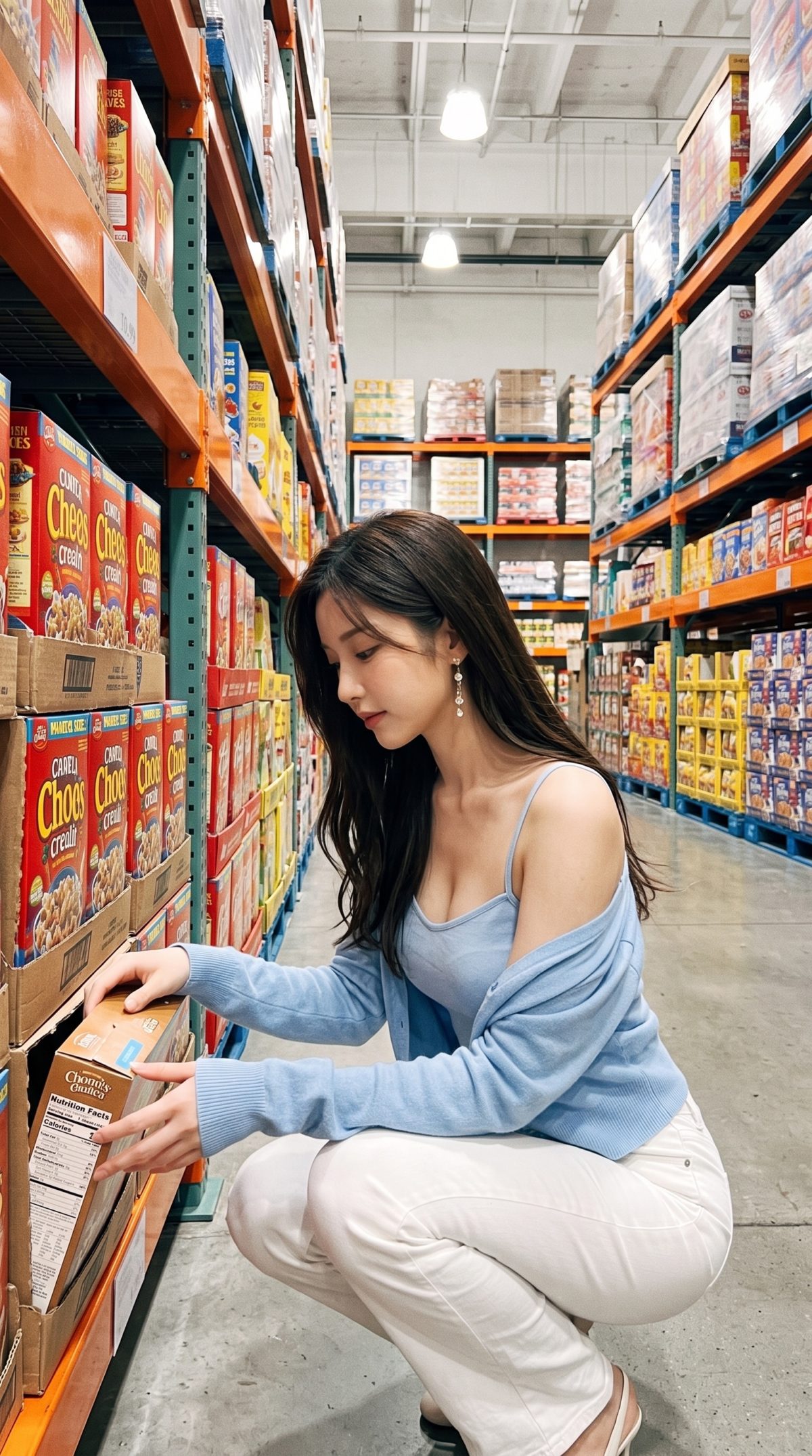 倉庫型スーパーの棚の前でしゃがんで商品を手にする女性