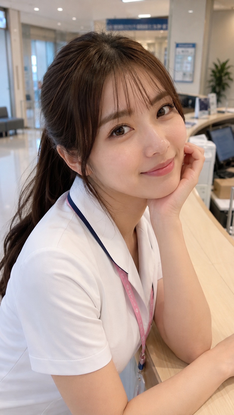 受付カウンターで頬杖をつき、笑顔で見つめるナース服の女性