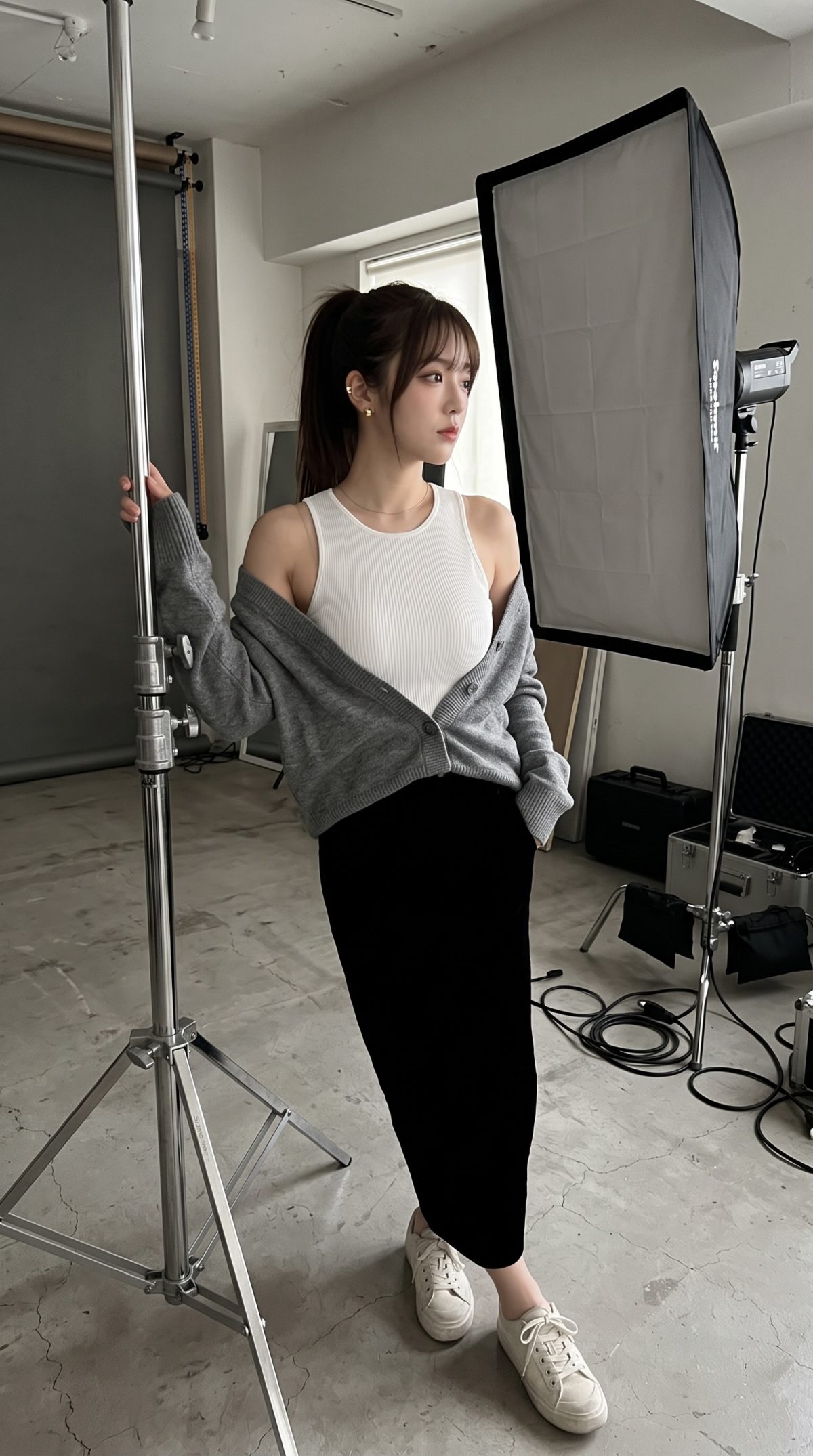 撮影スタジオでスタンドに手を添えて佇む、カジュアルな服装の女性