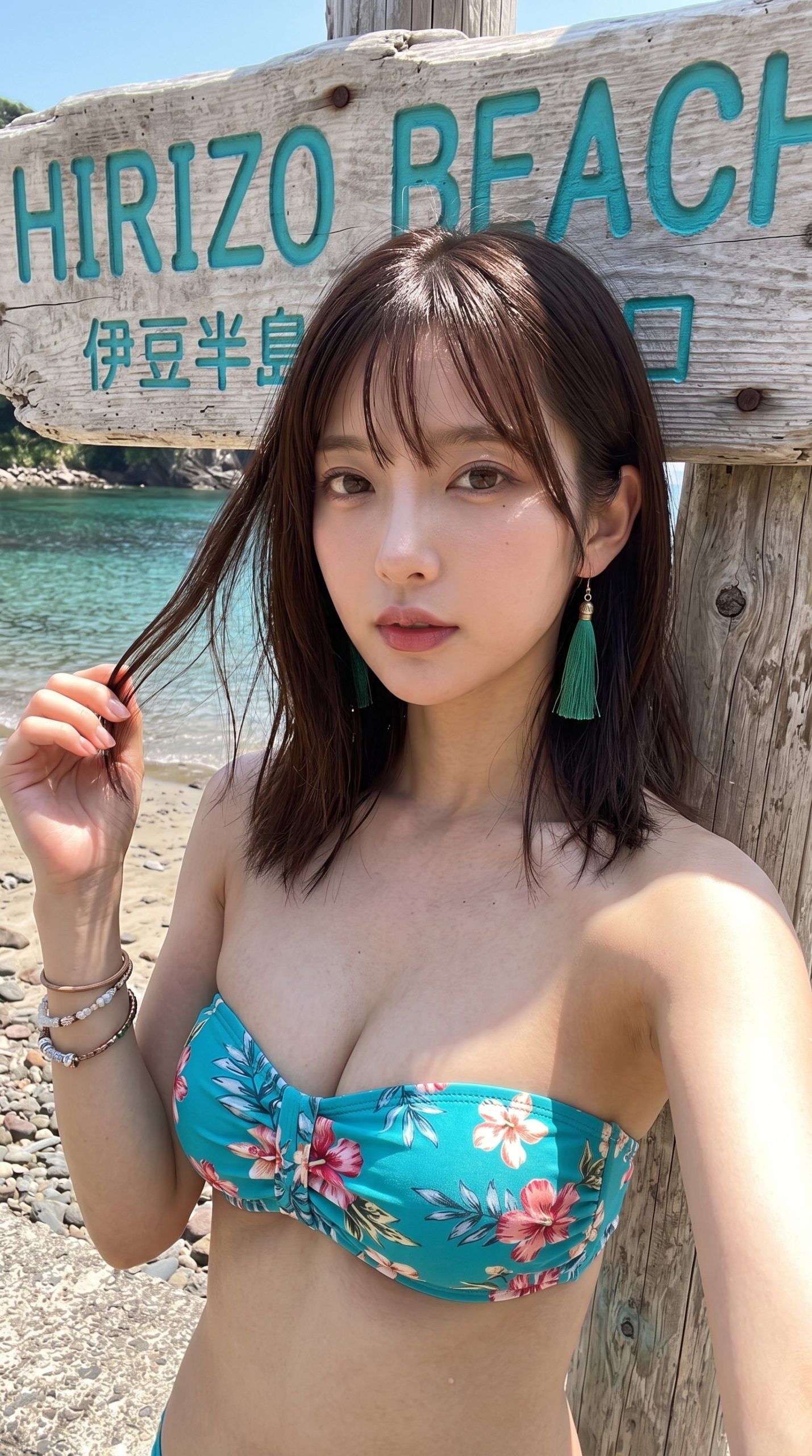 「HIRIZO Beach」の看板の前でポーズをとる水着姿の女性