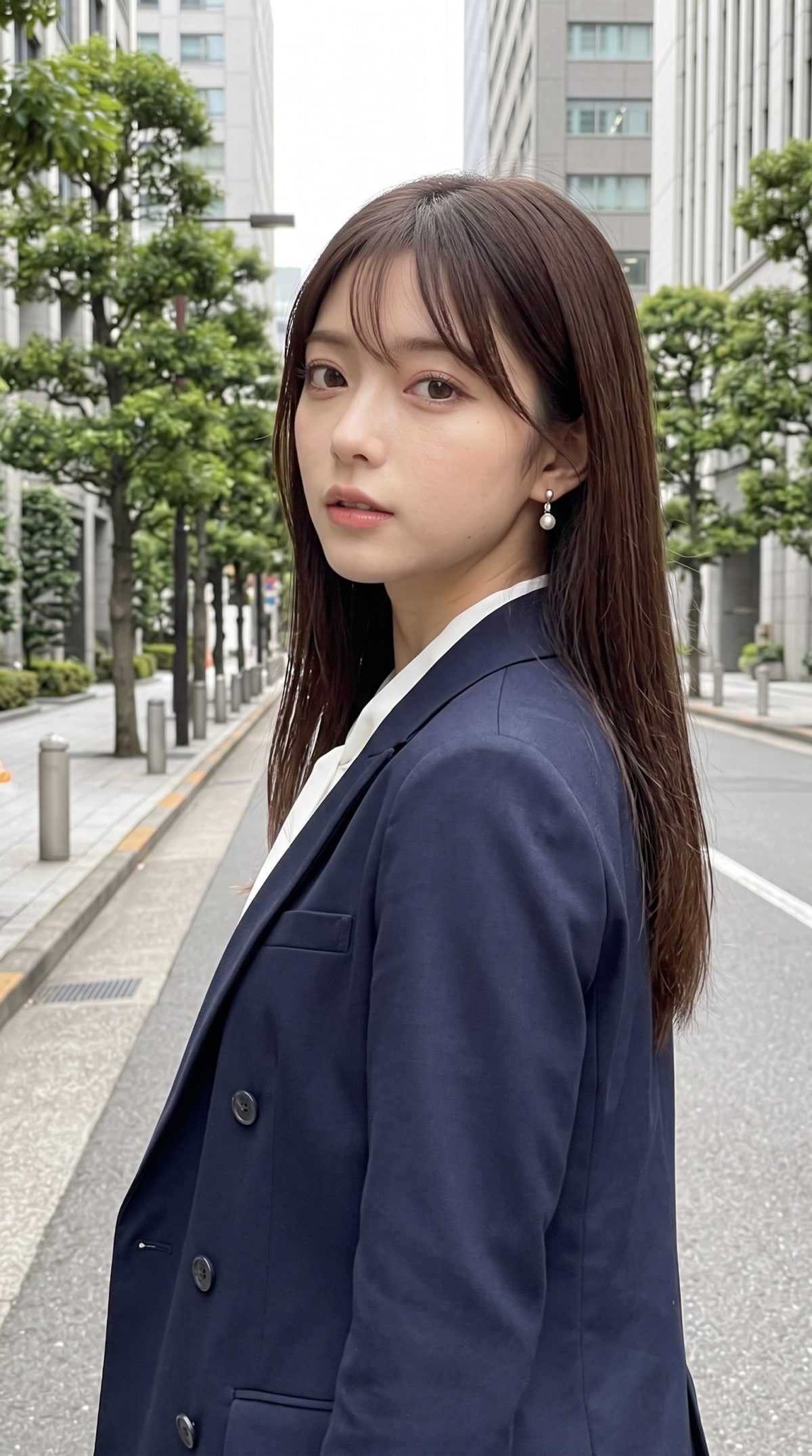 オフィス街で振り返り、カメラを見つめる紺色のスーツを着たロングヘアの女性