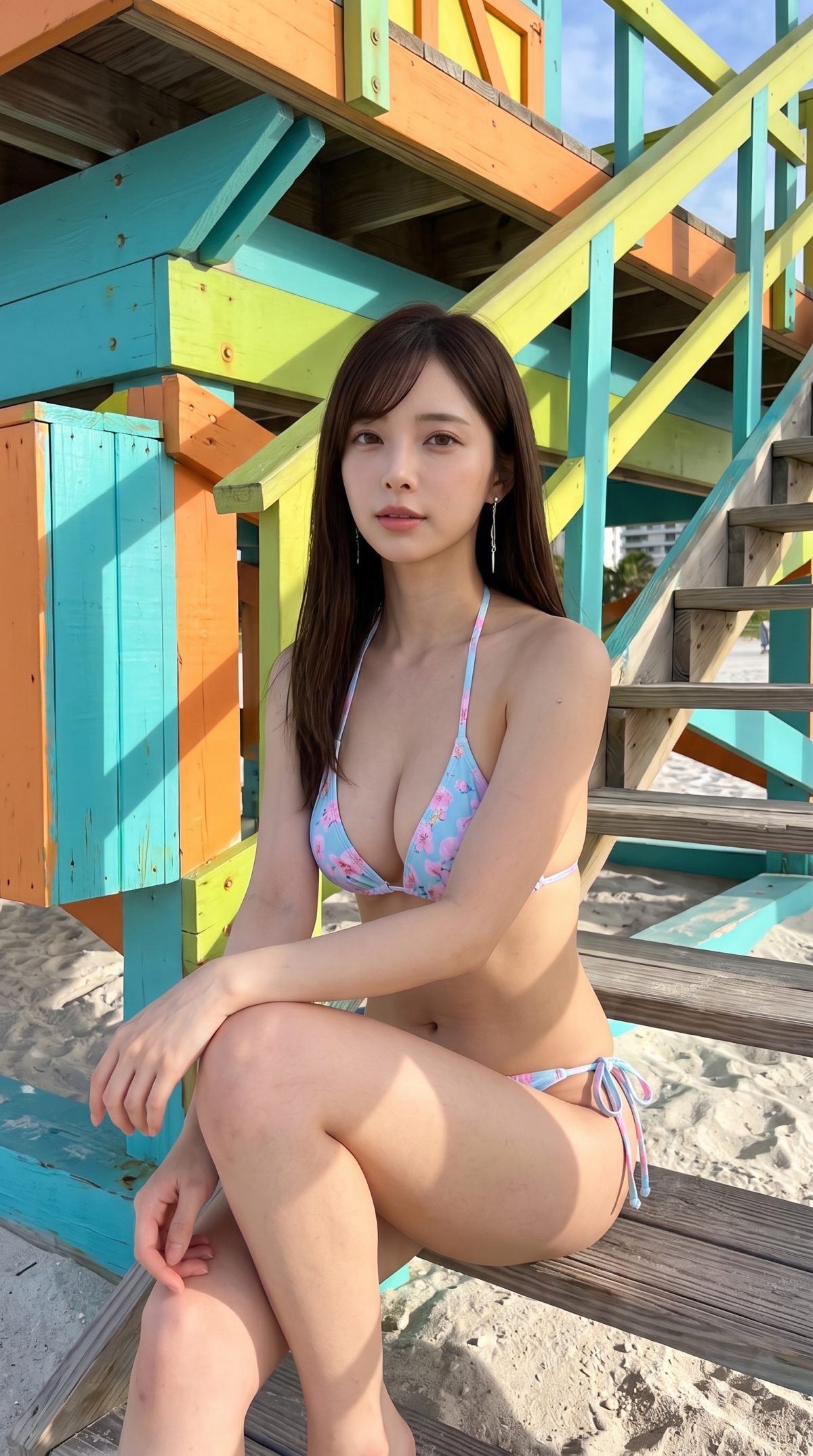 砂浜にあるカラフルなビーチハウスの階段に座る、ビキニ姿の女性。