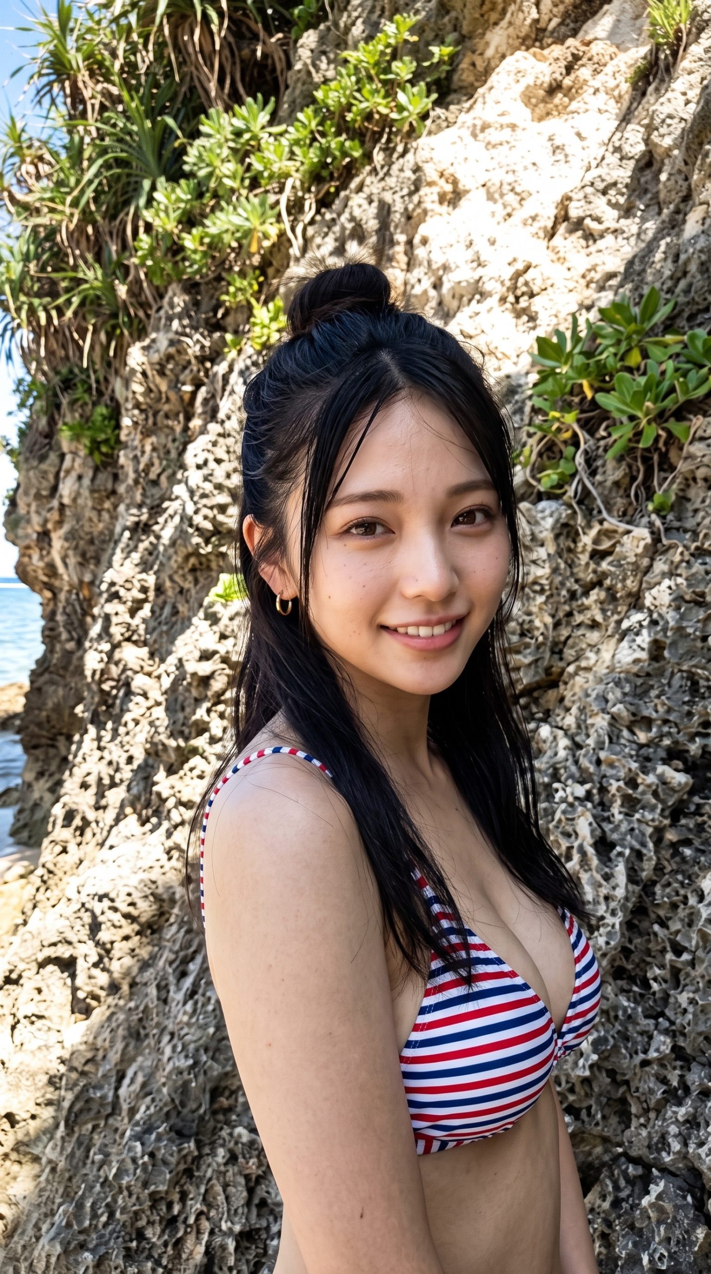 海辺の岩場を背景に、赤白青のボーダー柄のビキニを着て微笑む女性