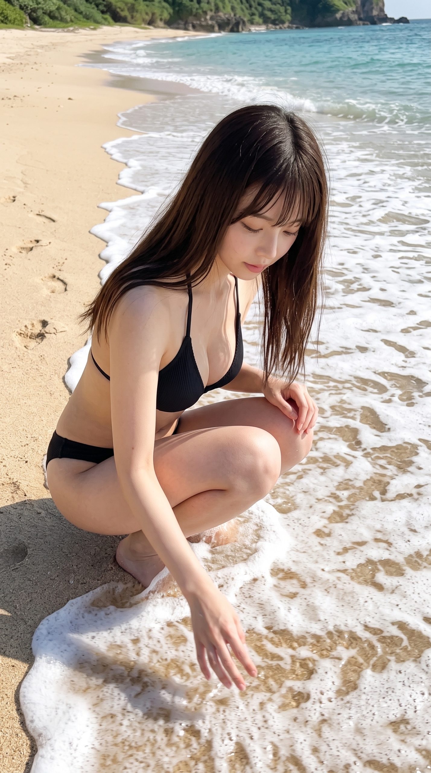 砂浜の波打ち際でしゃがみ、寄せる波に手を伸ばす黒い水着の女性