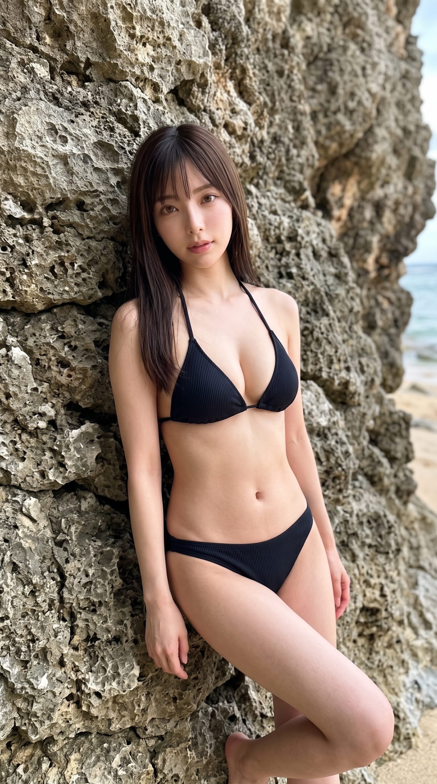 海岸の岩肌を背景に、黒いビキニを着用して立つ女性。