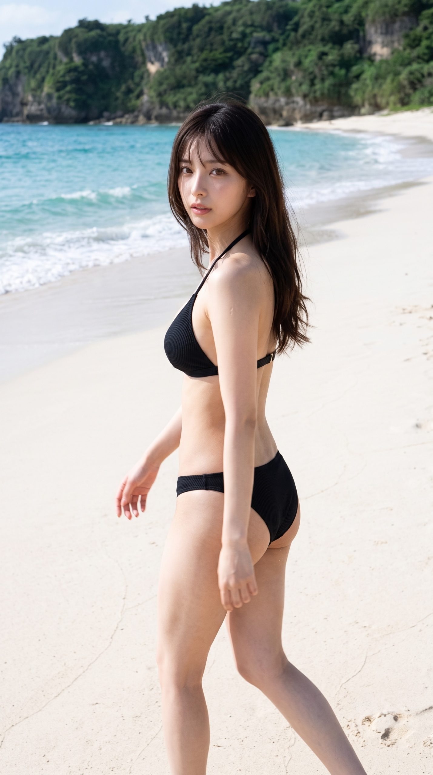 白い砂浜と青い海を背景に、黒いビキニを着て振り返る女性
