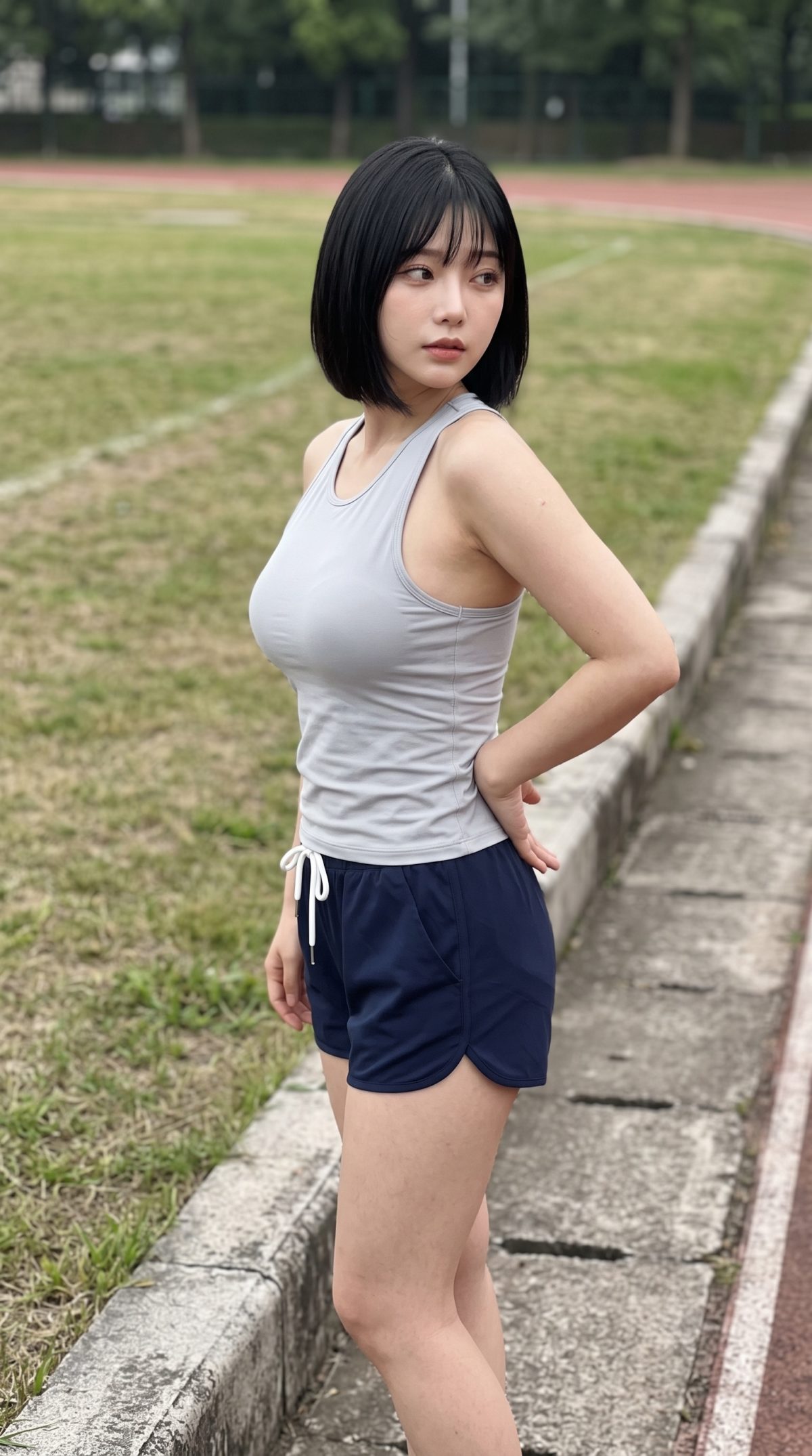 グラウンドでグレーのタンクトップとネイビーのショートパンツを着て立つ黒髪の女性