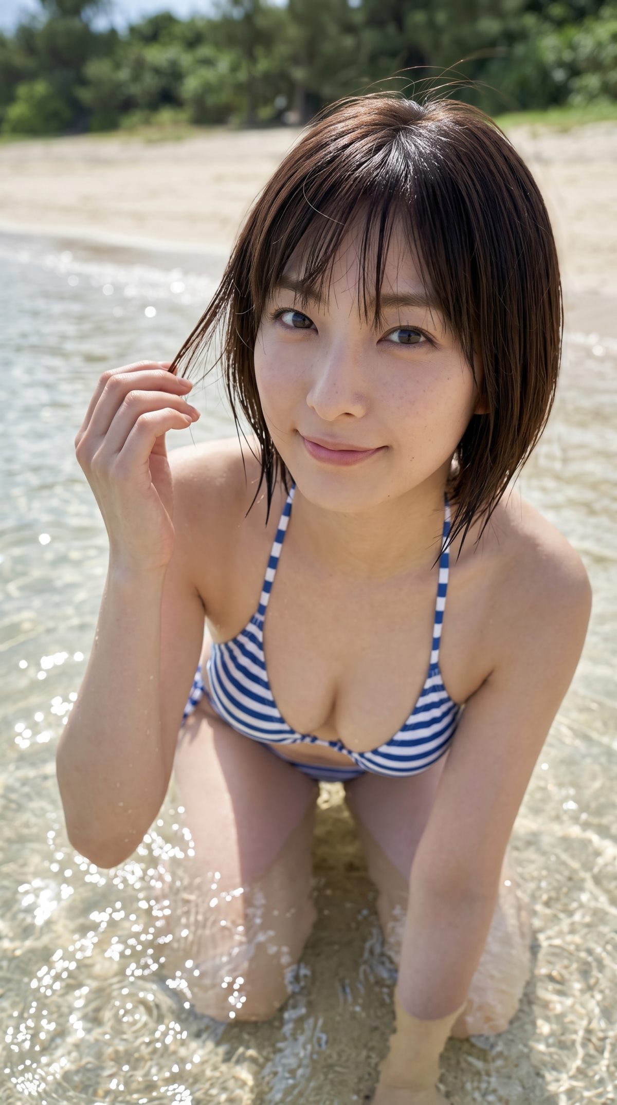 青と白の縞模様の水着を着て、浅瀬の海に膝立ちで微笑むショートヘアの女性。
