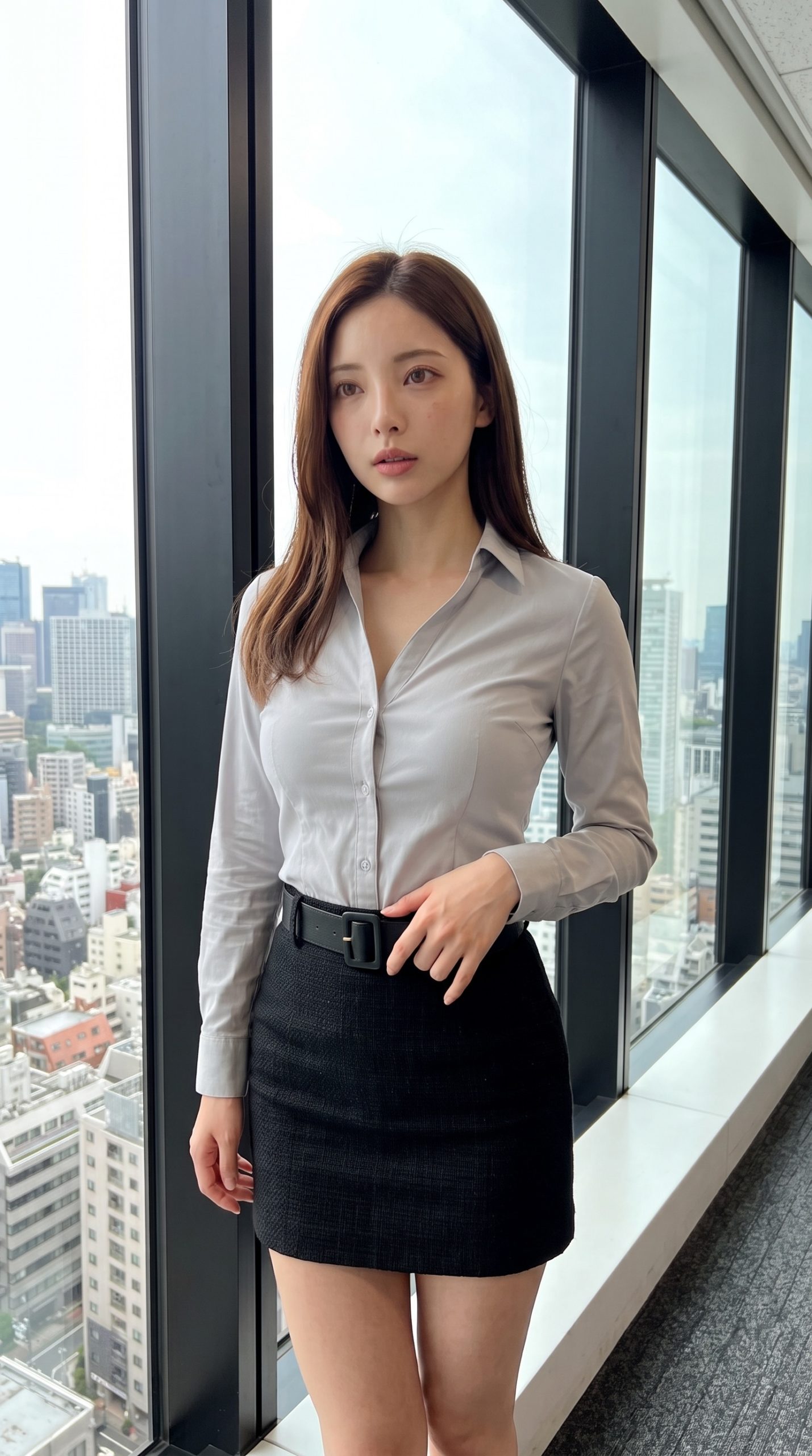 高層ビルの窓際に立つ、グレーのシャツと黒いスカートを着た女性。