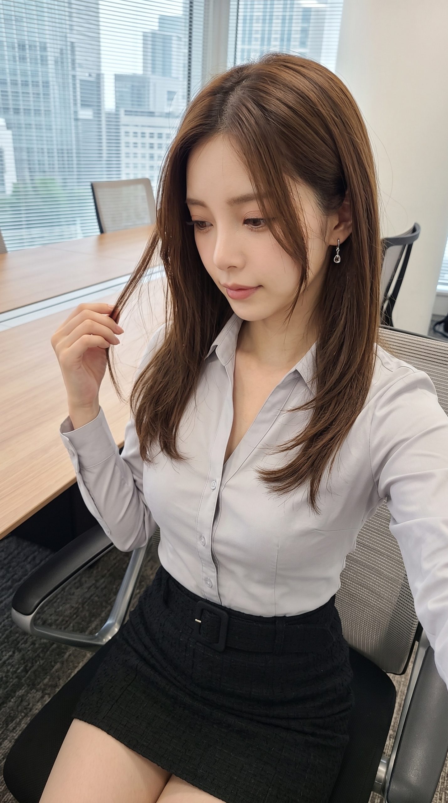 オフィスの会議室で椅子に座り、髪に手を添えるシャツ姿の女性