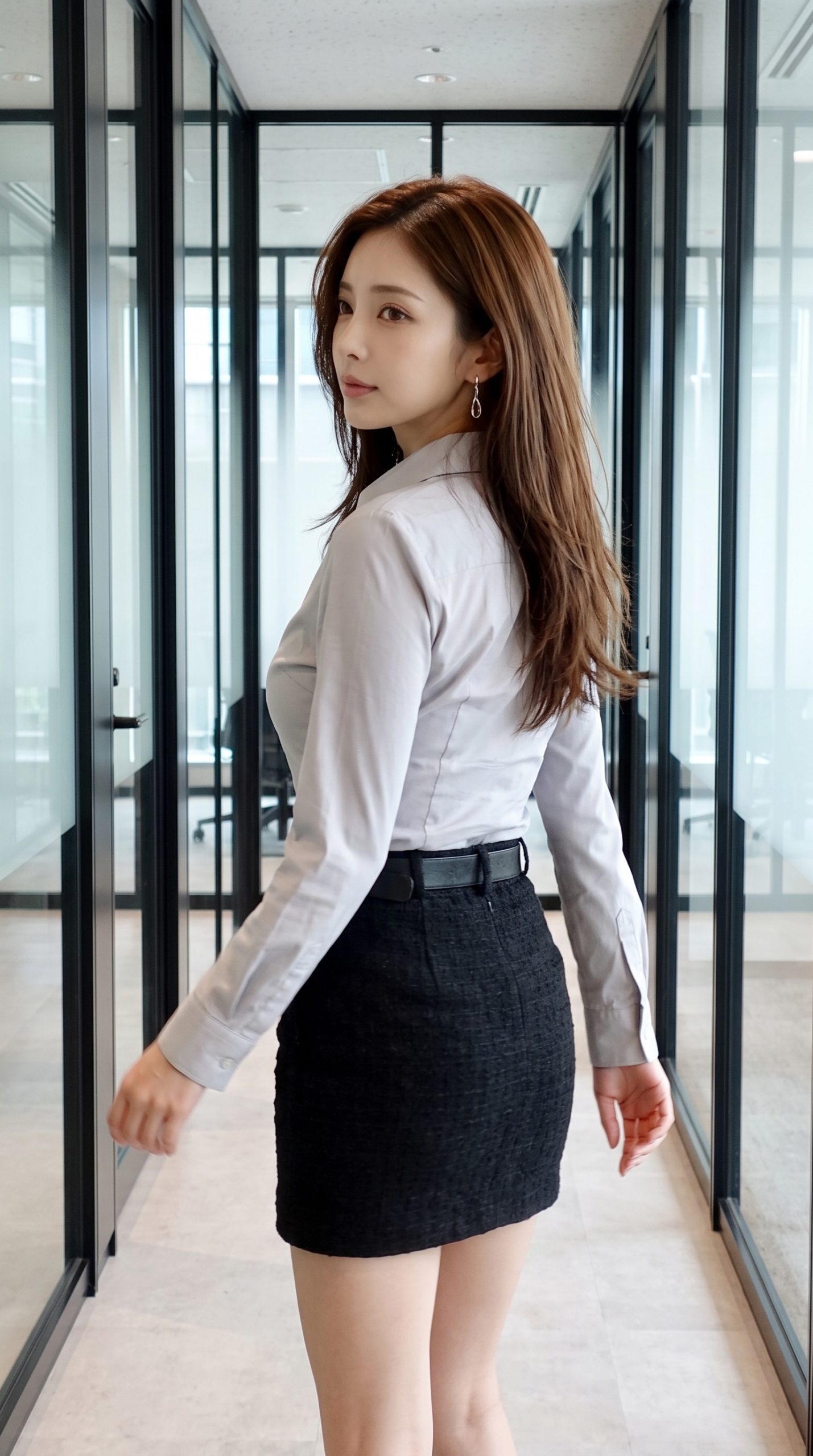ガラス張りのオフィスの廊下で、後ろを振り返りながら歩くシャツ姿の女性。