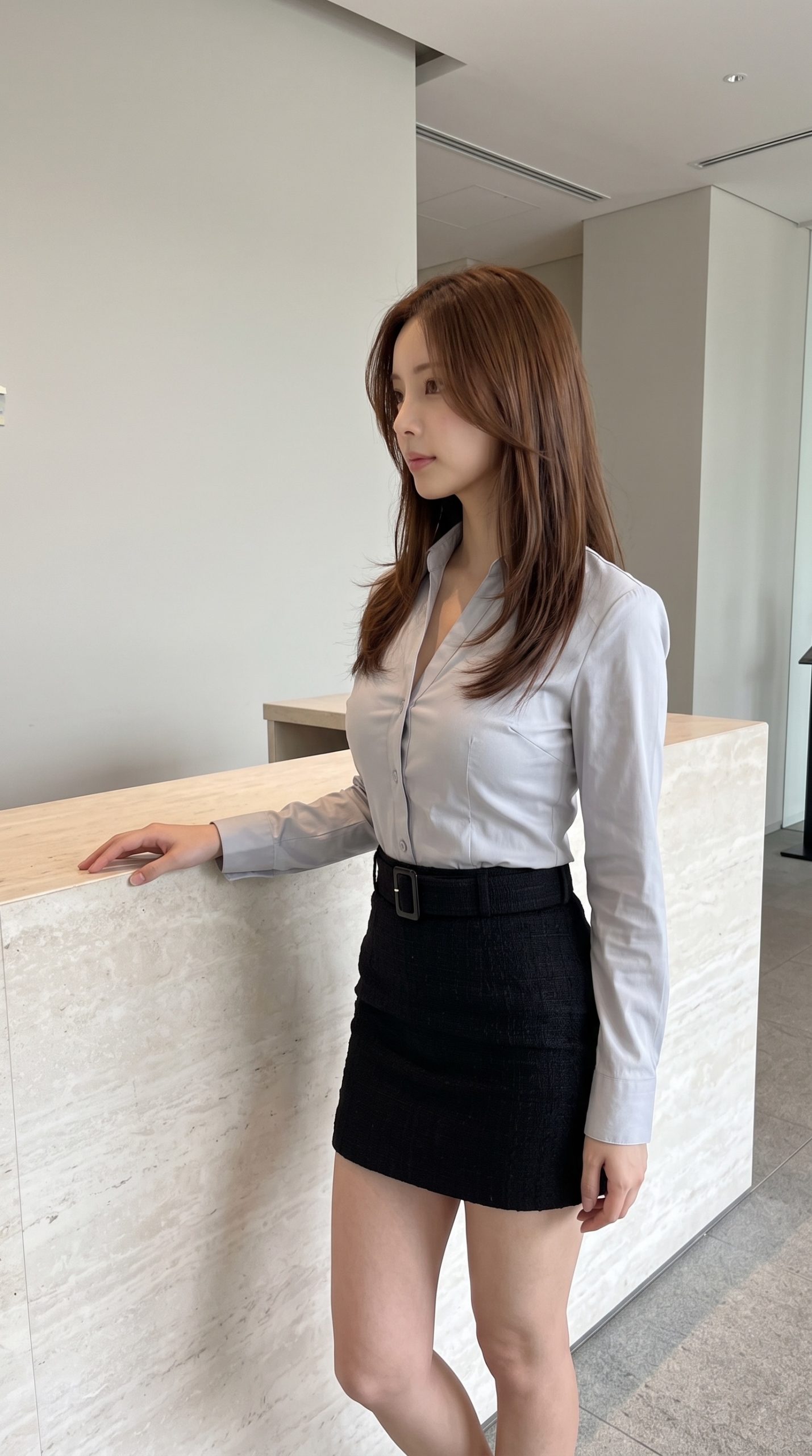 受付カウンターに手を置き、グレーのシャツと黒のスカートを着て立つ女性。