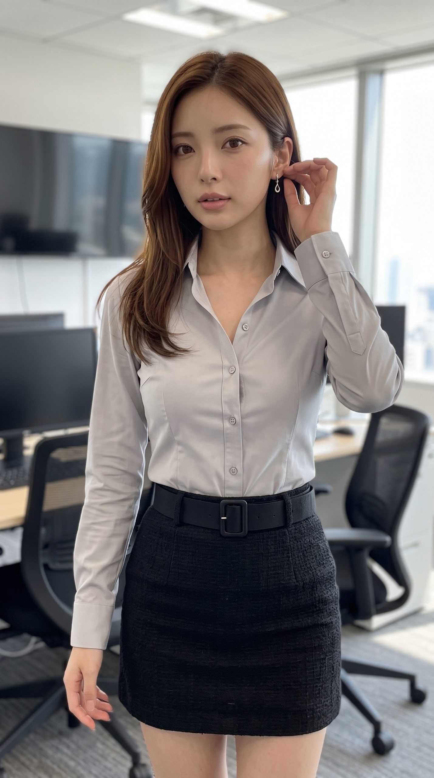 オフィスの室内でグレーのブラウスと黒いスカートを着用した女性