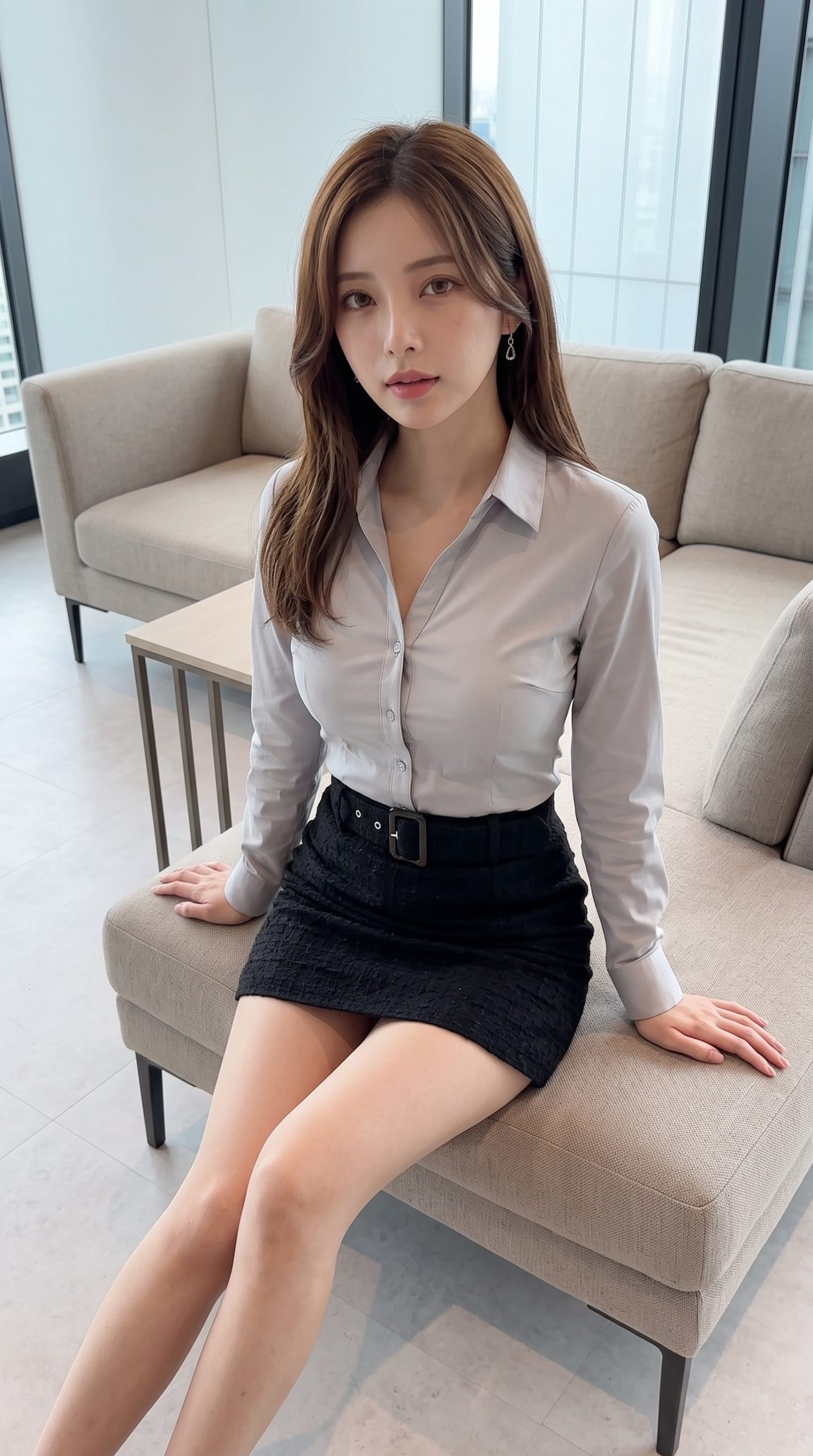 薄グレーのシャツと黒のスカートを着用し、ソファに座っている女性