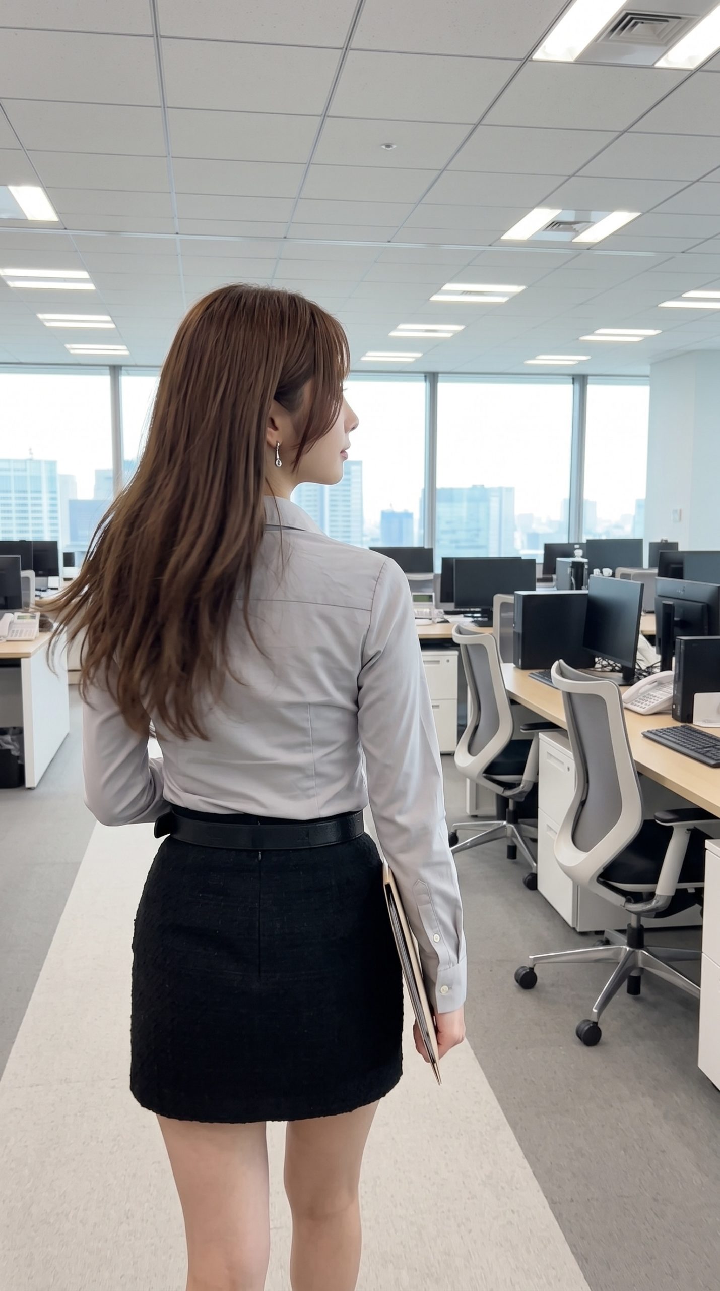 オフィス内でファイルを手に持ち歩くオフィスカジュアルな女性。(30文字)