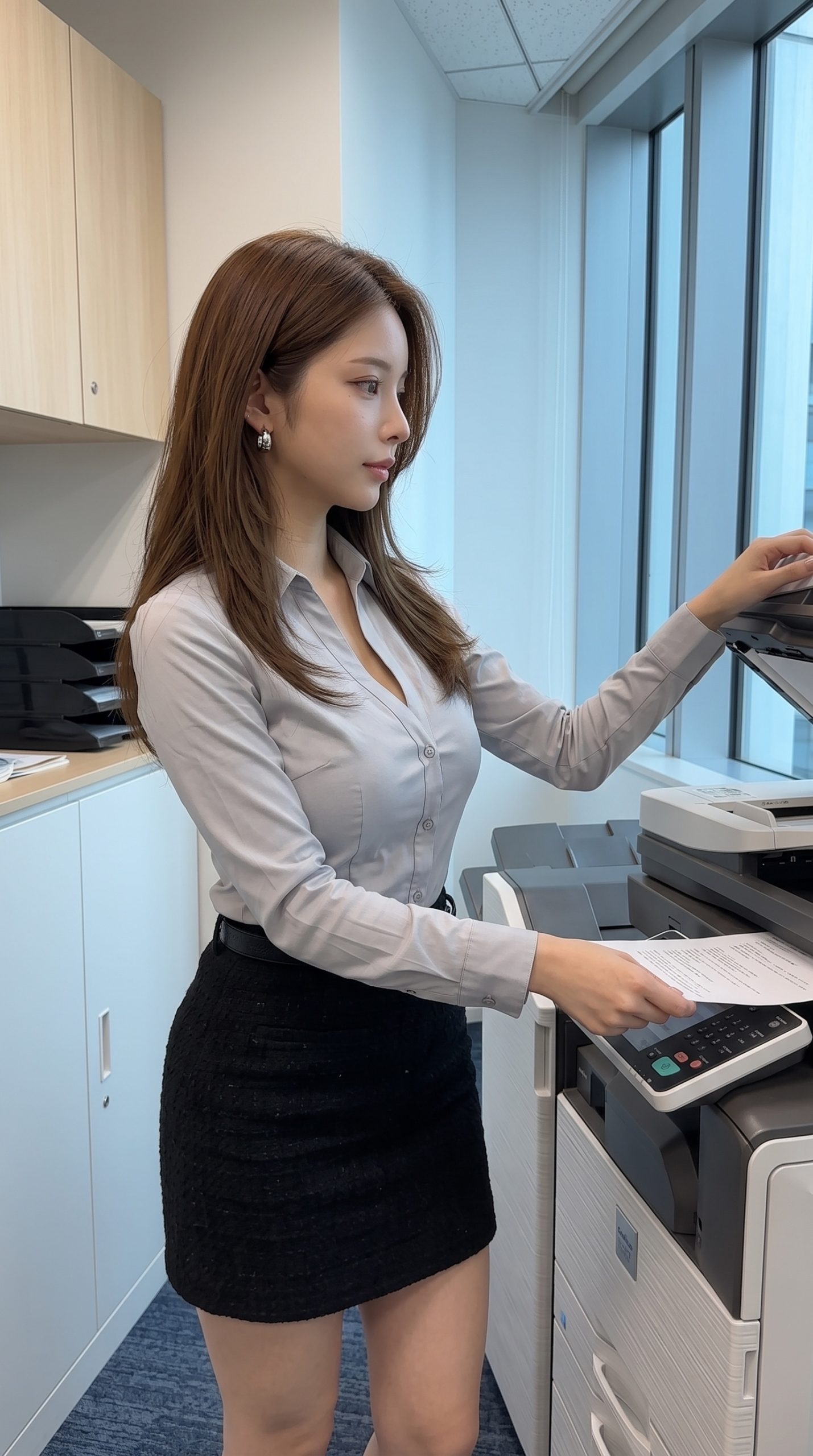 オフィスの複合機を使って書類をスキャンする女性