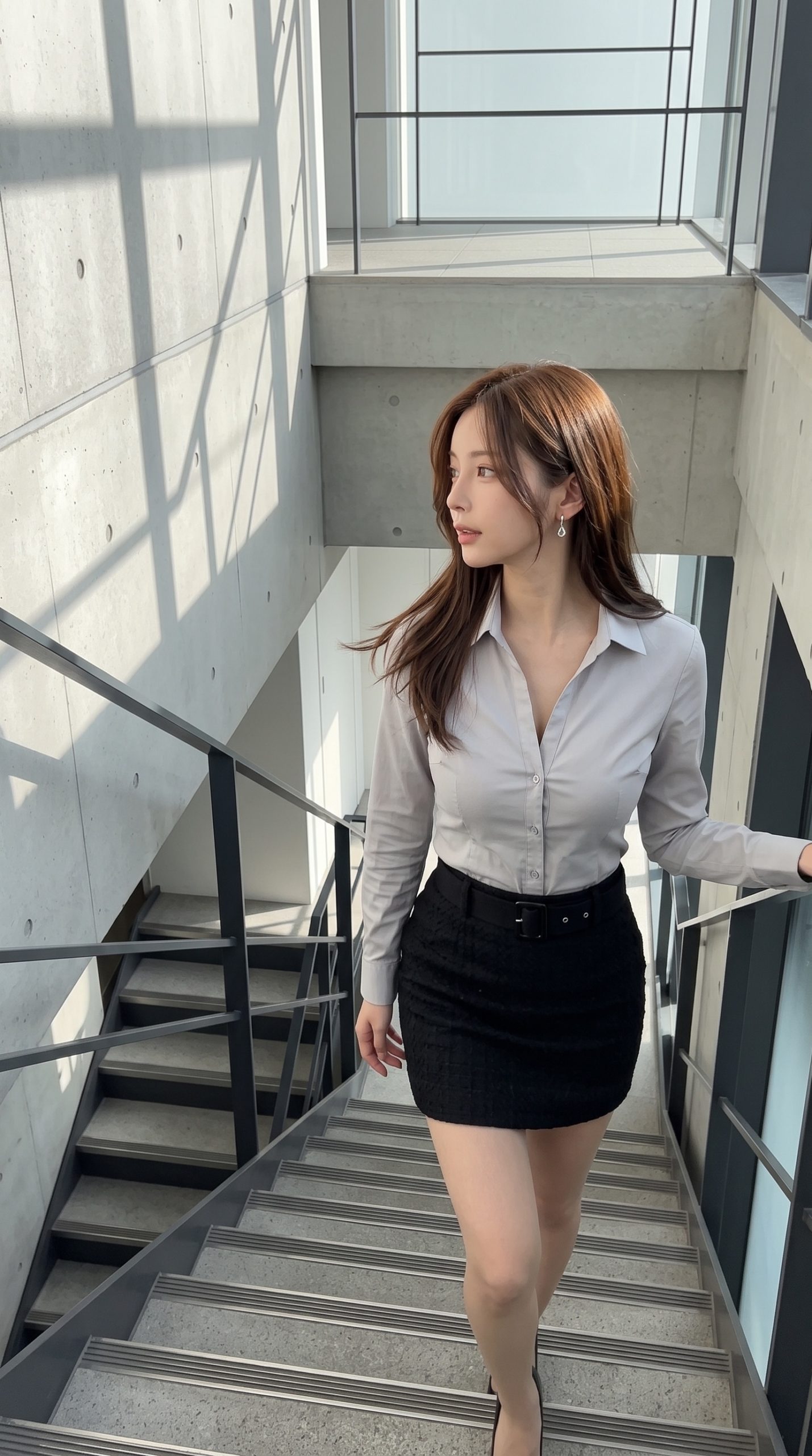 グレーのシャツと黒のスカートを着て、建物の階段に立つ女性