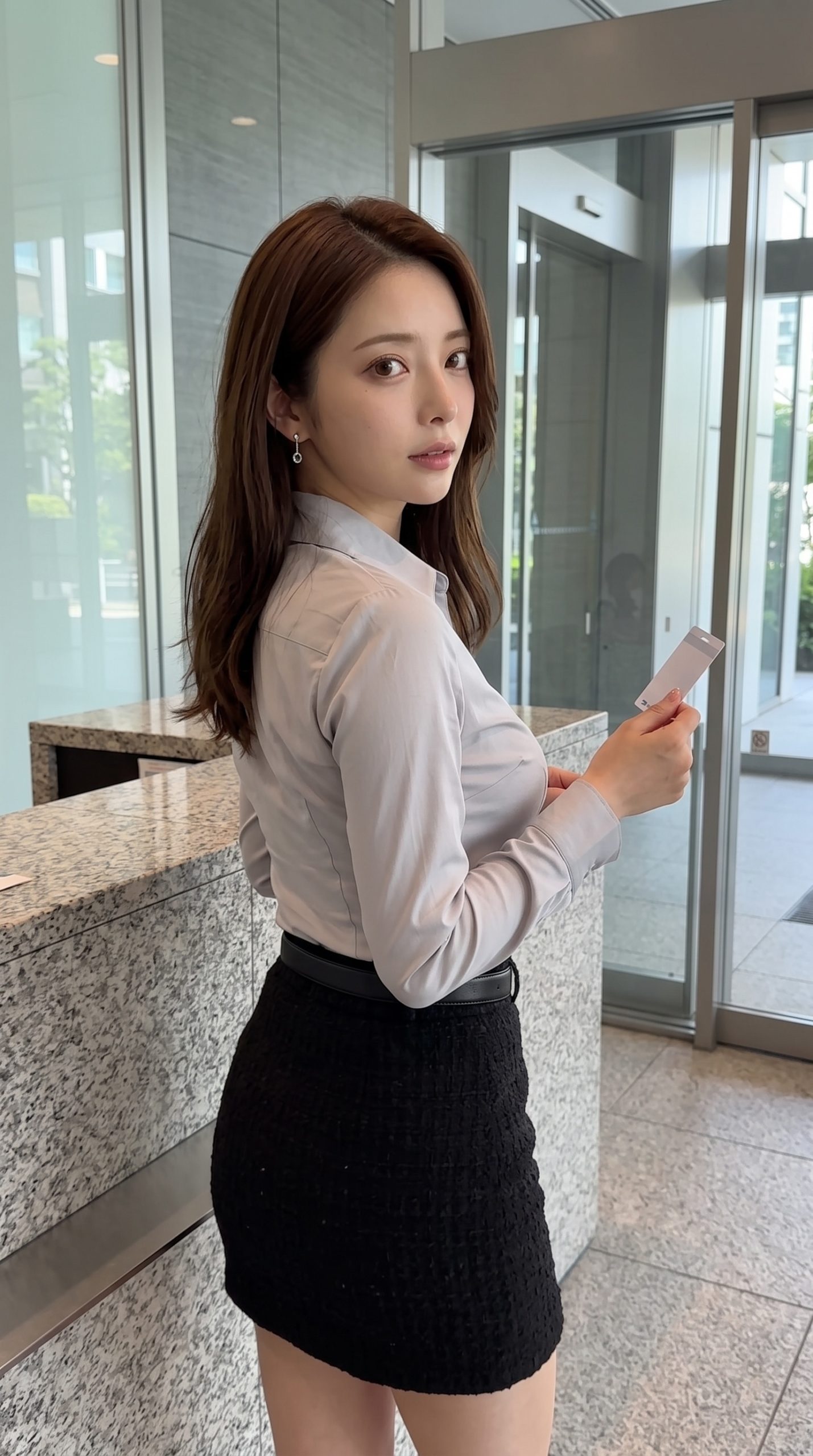 オフィスの受付カウンターでカードキーを持ち、こちらを振り返る女性。