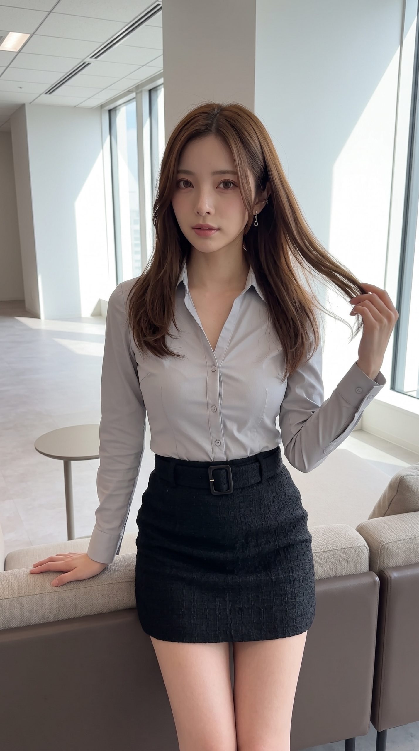 明るいオフィス内でグレーのシャツと黒のスカートを着用し、髪に手を添えて立つ女性