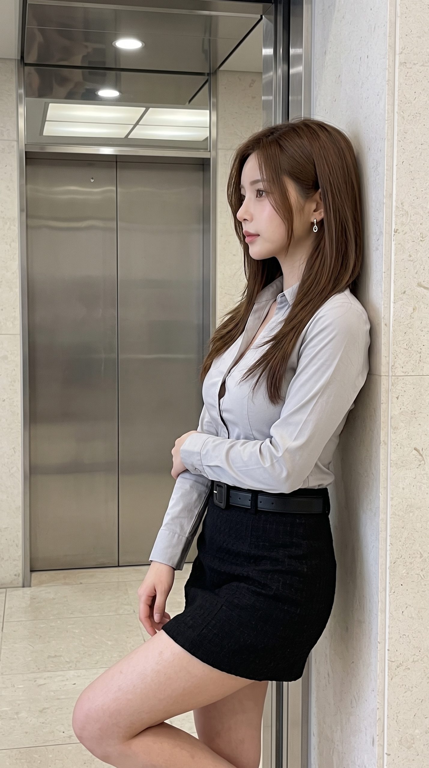 エレベーター前で壁にもたれかかる、グレーのシャツと黒スカート姿の女性