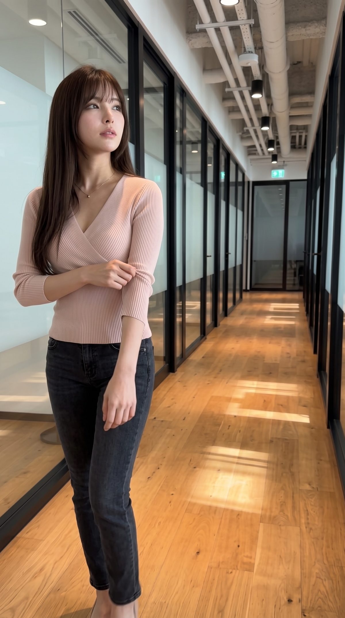 オフィスの廊下で袖を整える、ピンクのニットとデニム姿の女性