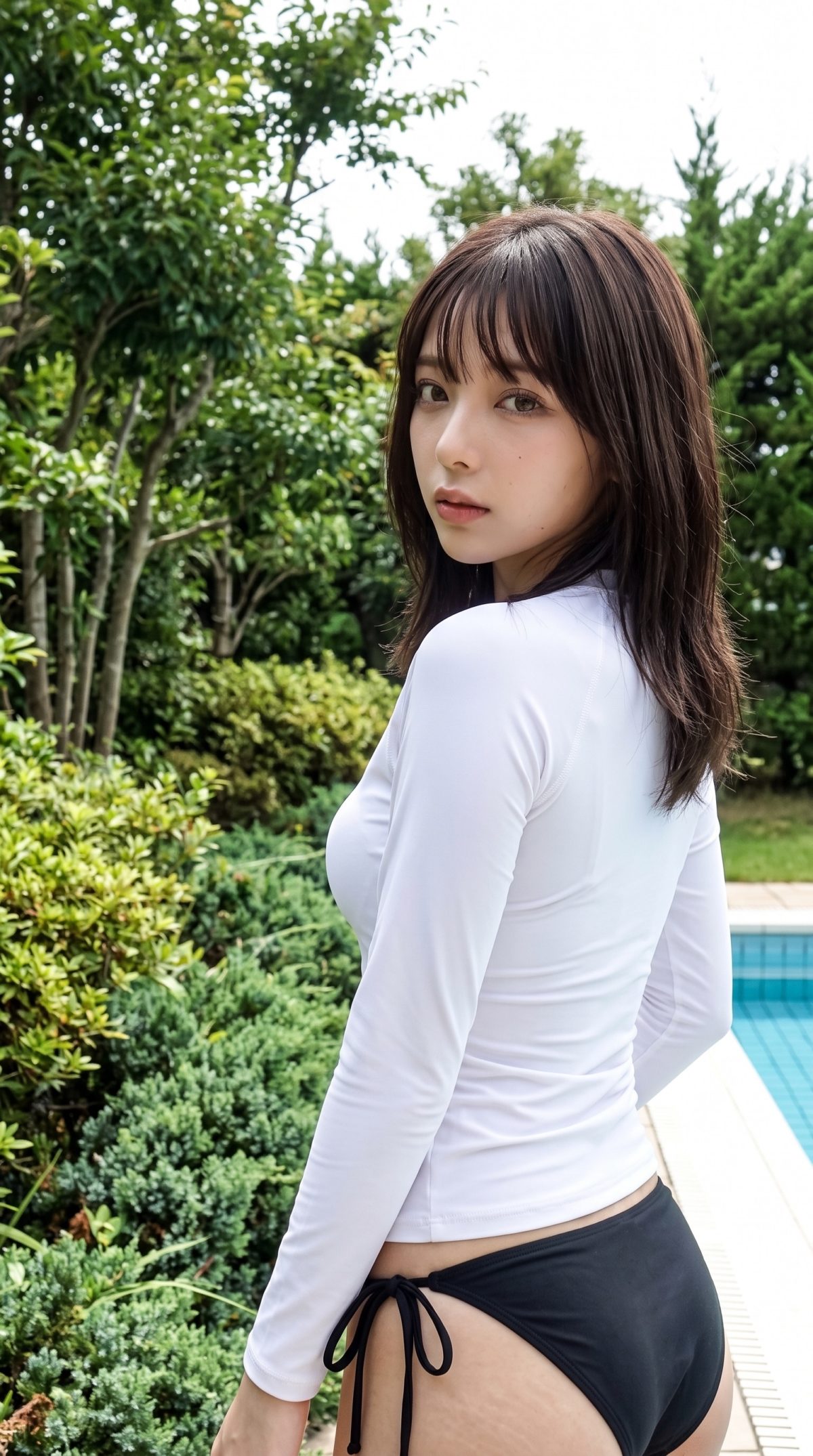 プールサイドの緑を背景に、白い長袖ラッシュガードを着て振り向く女性