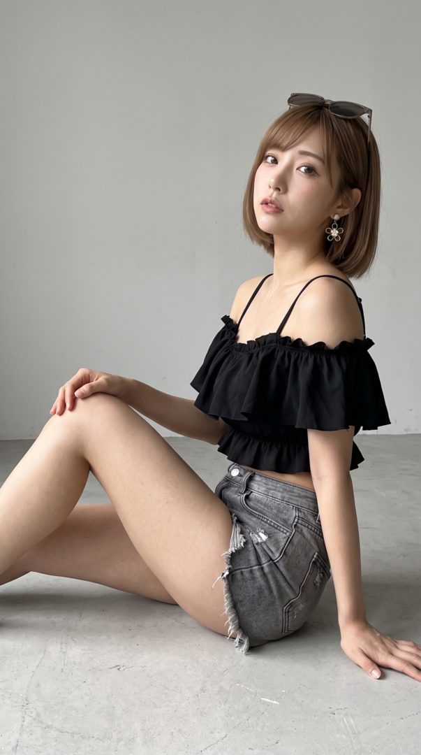 黒のフリルトップスとデニムショートパンツ姿で床に座っている女性