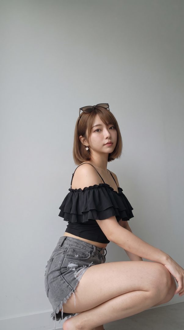 黒いフリルトップスとデニムショートパンツを着用してしゃがむボブヘアの女性