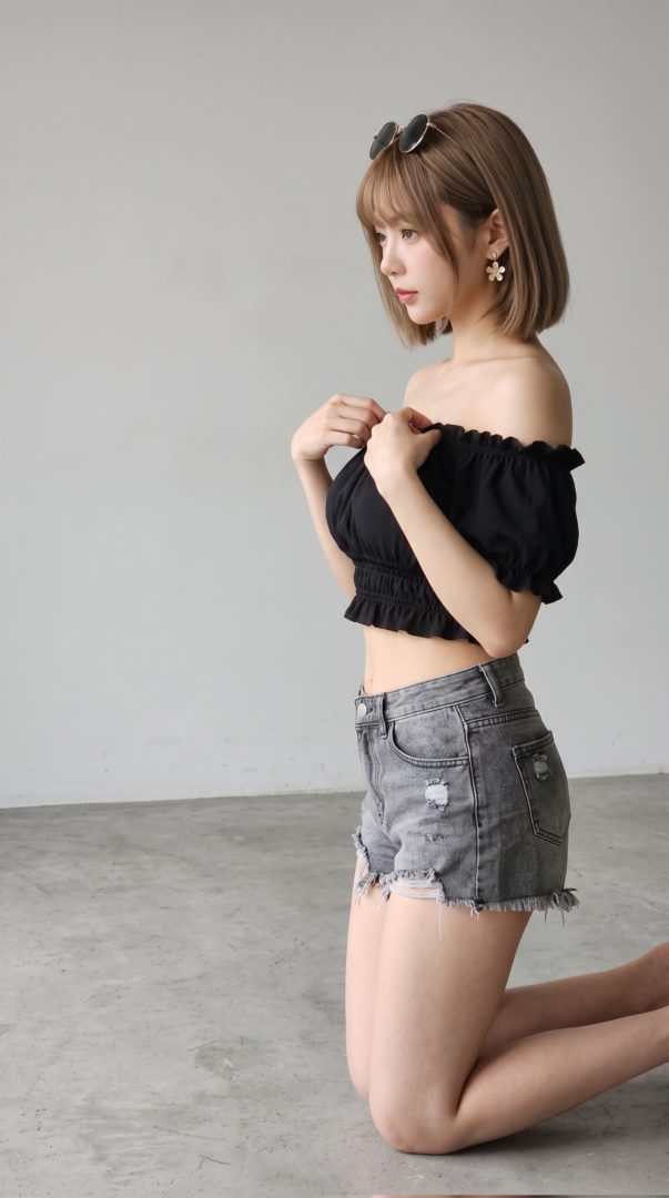 黒のオフショルダートップスとデニムショートパンツを着て床にひざまずく女性