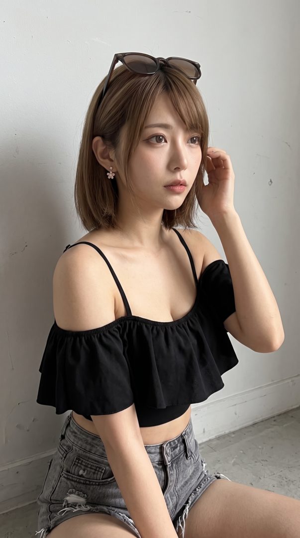 サングラスを頭に乗せ、黒のフリル付きトップスを着たボブヘアの女性。