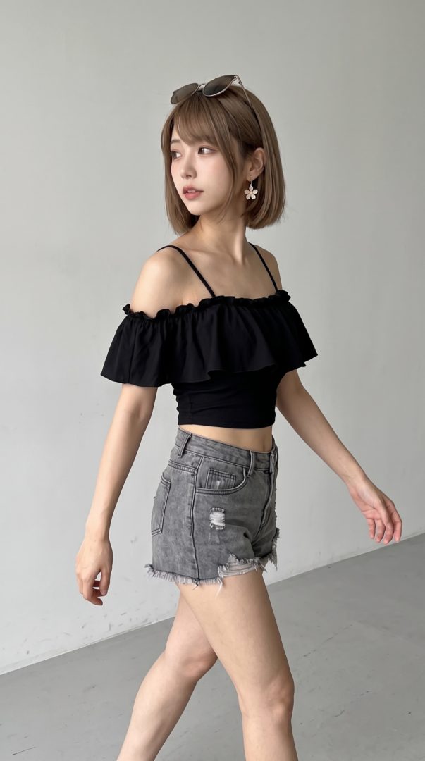 黒のオフショルダートップスとグレーのデニムショートパンツを着た女性。