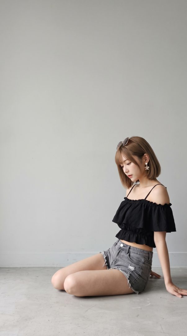黒のフリルトップスとデニムショートパンツを着て床に座るボブヘアの女性